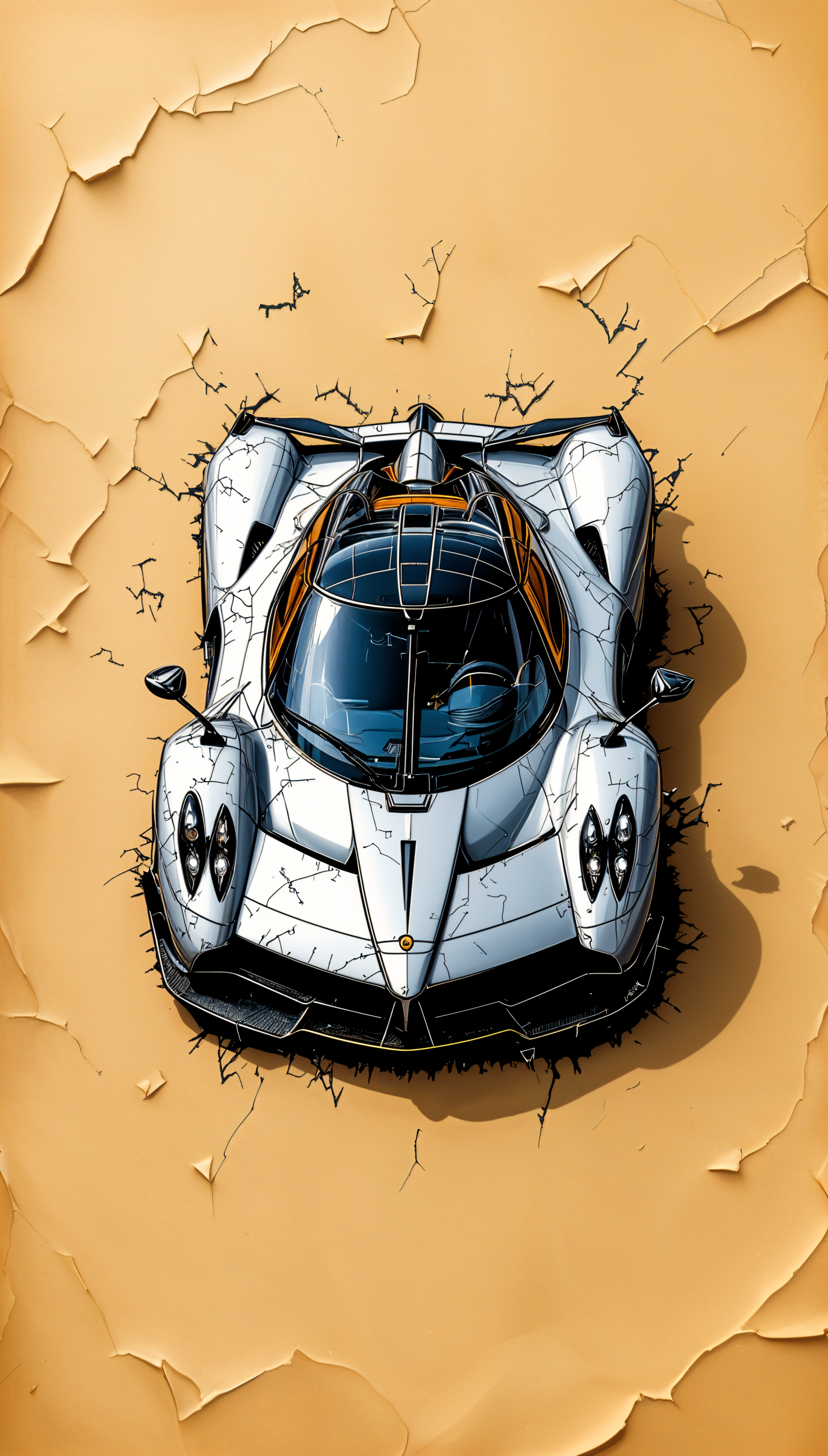 Phone wallpaper featuring a detailed Pagani sports car illustration on a cracked, peeling surface background, designed for iPhones and Android devices.