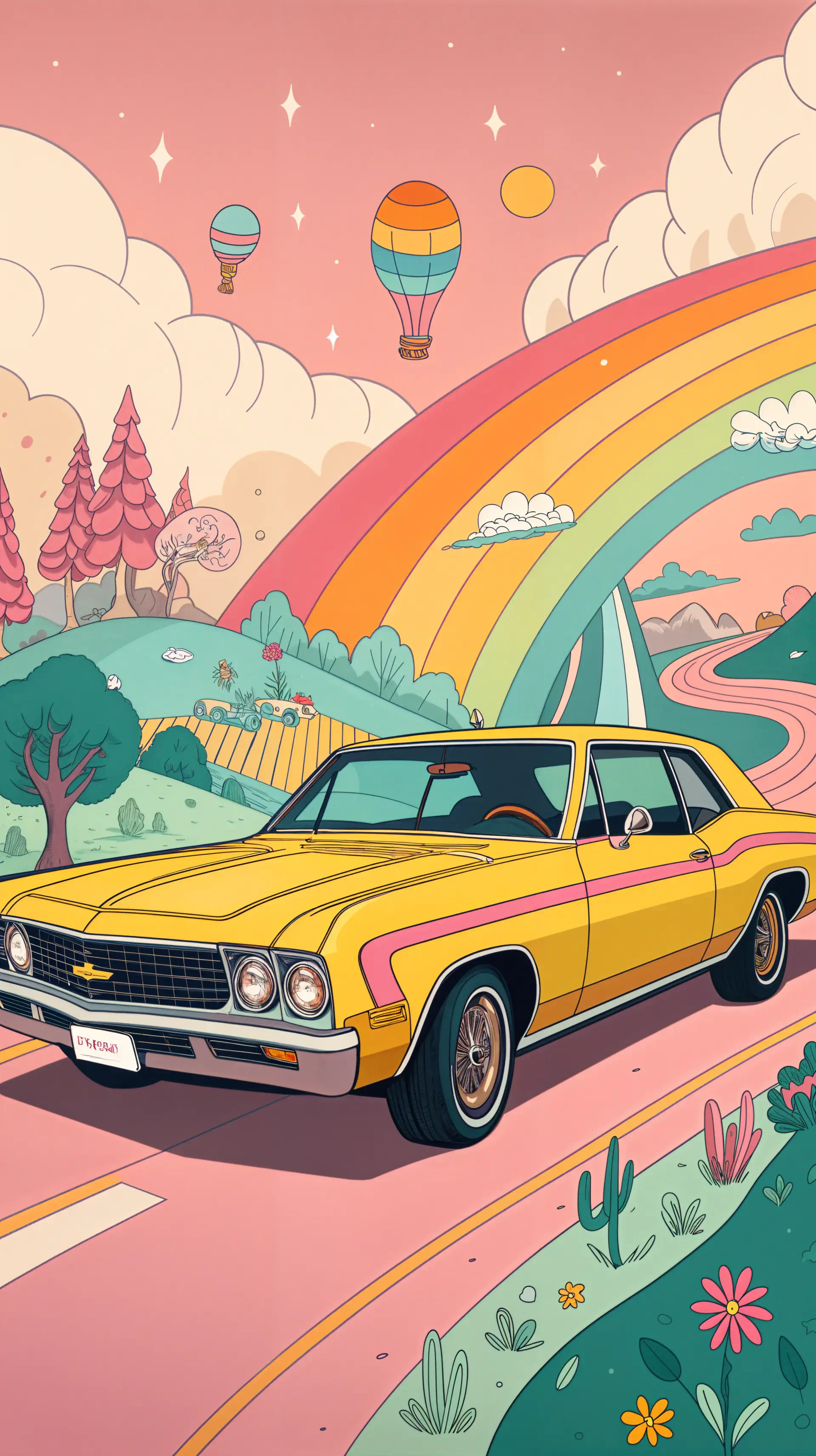 A vibrant retro Chevrolet drives along a colorful road with a rainbow and hot air balloons in the background, designed as a lively phone wallpaper for iPhones and Android phones.