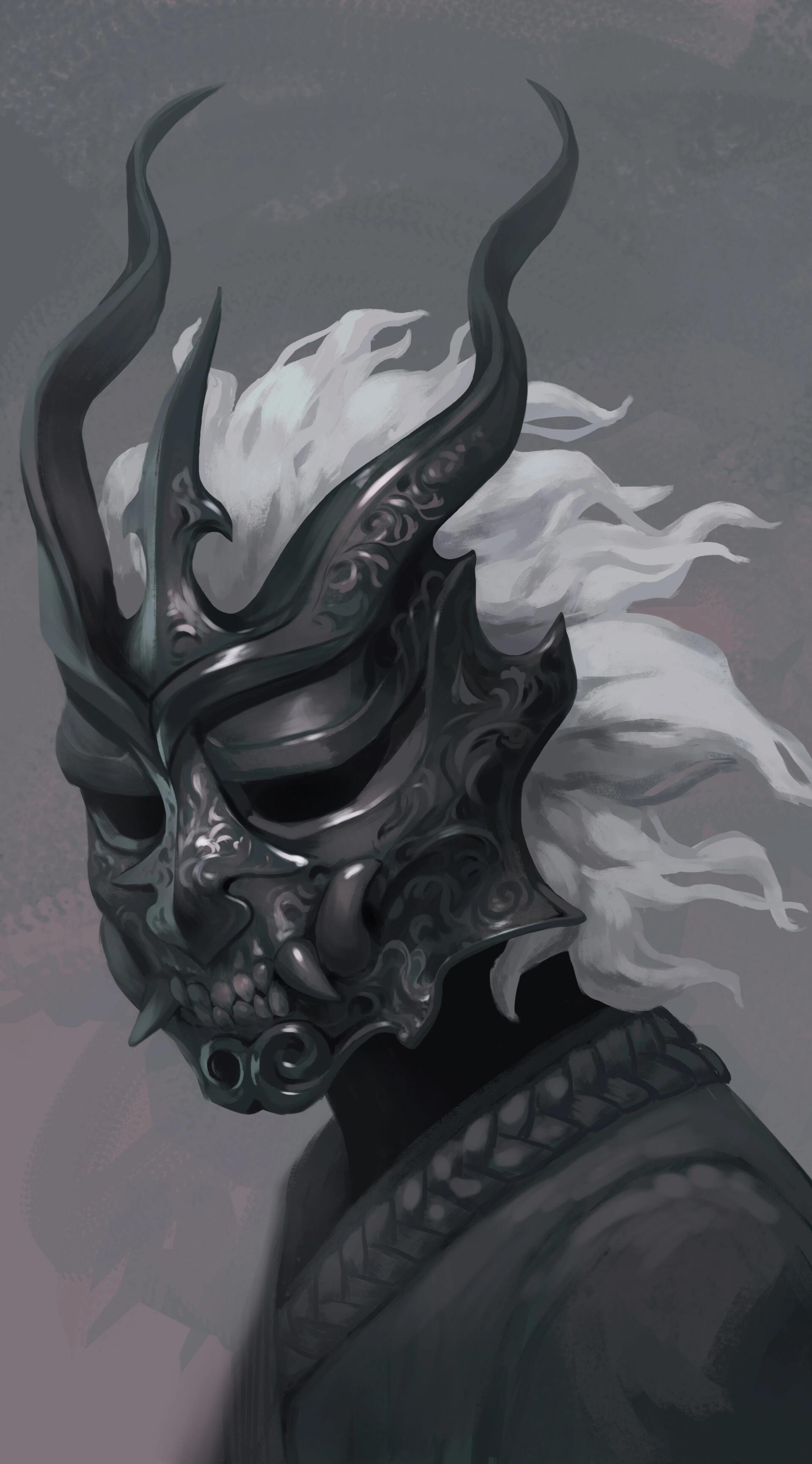 Phone wallpaper featuring a dark, intricately designed horned mask from Shadow Slave (Webnovel) with flowing white hair, compatible with iPhone and Android devices.