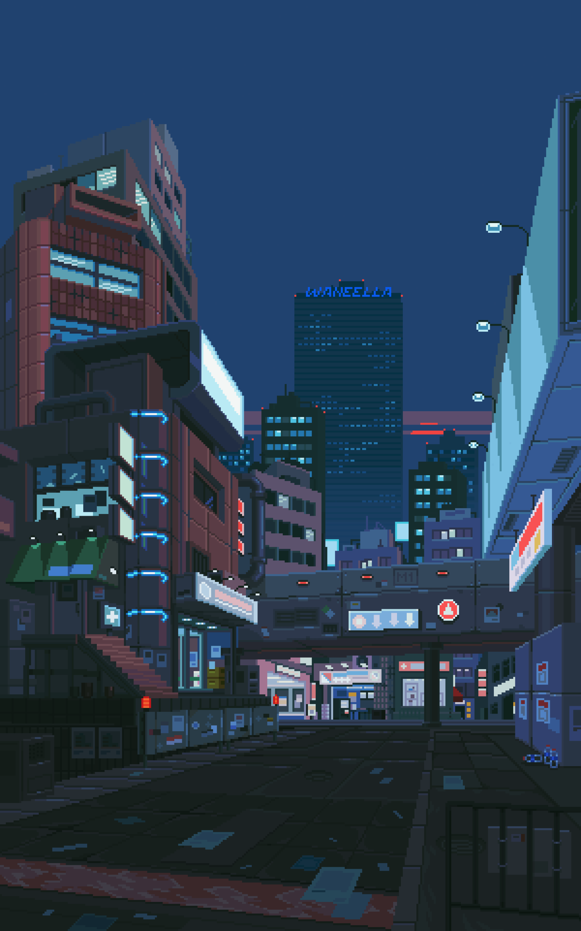 A vibrant pixel art cityscape at night, featuring colorful buildings and glowing signs, designed as a phone wallpaper for both iPhones and Android devices.