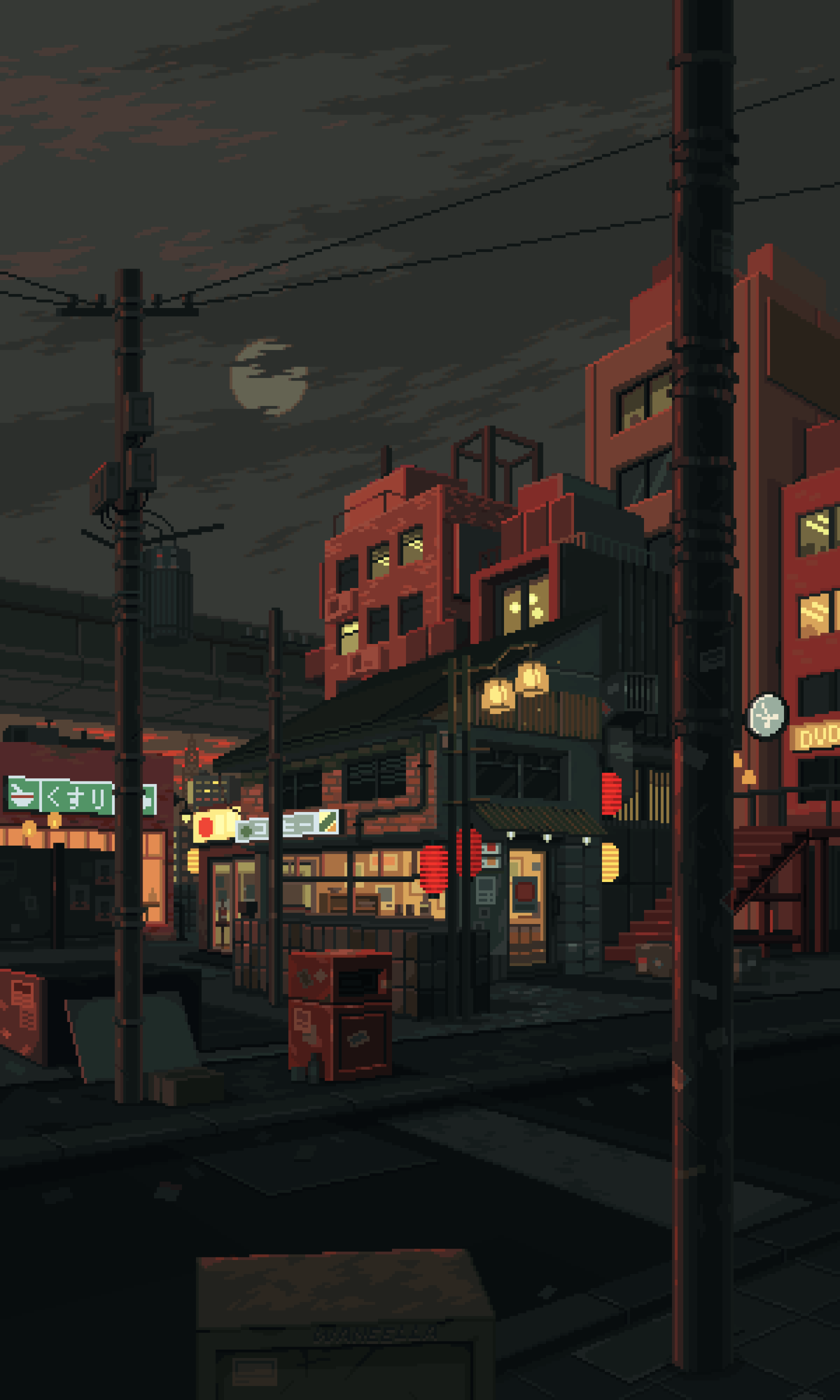 Pixel art of a vibrant Japanese city at night, filled with glowing storefronts and street lamps. This captivating scene works well as a phone wallpaper for iPhones and Android devices.