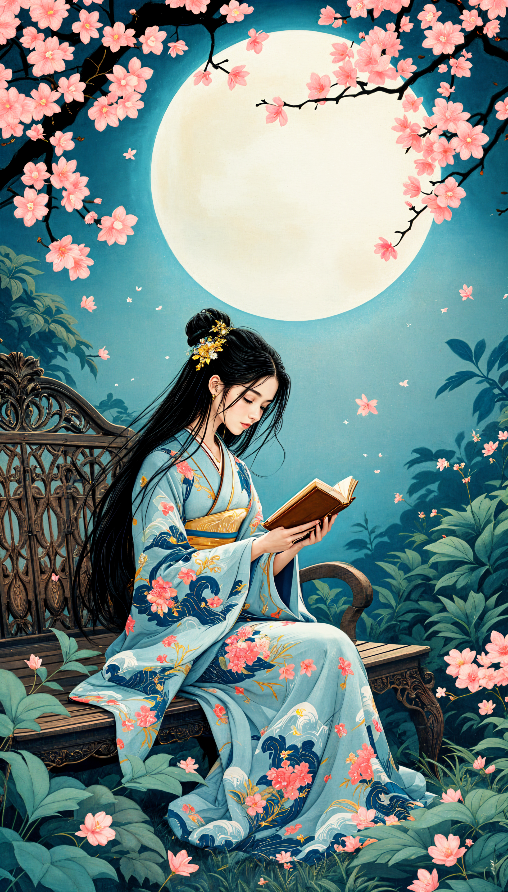 A serene anime-inspired wallpaper featuring a girl in a floral kimono, reading under a full moon surrounded by cherry blossoms, ideal for enhancing your phone's aesthetic.