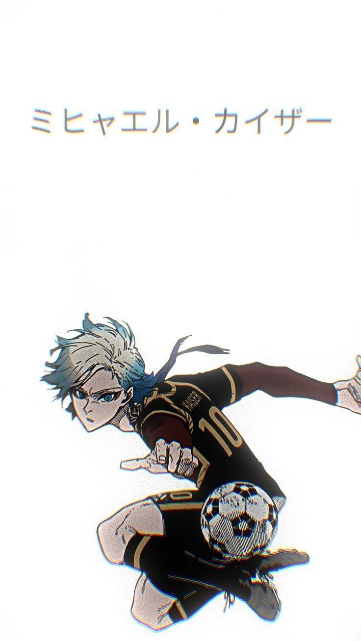 Anime-inspired phone wallpaper featuring Michael Kaiser from Blue Lock, showcasing the character in action with a soccer ball, designed for both iPhone and Android devices.