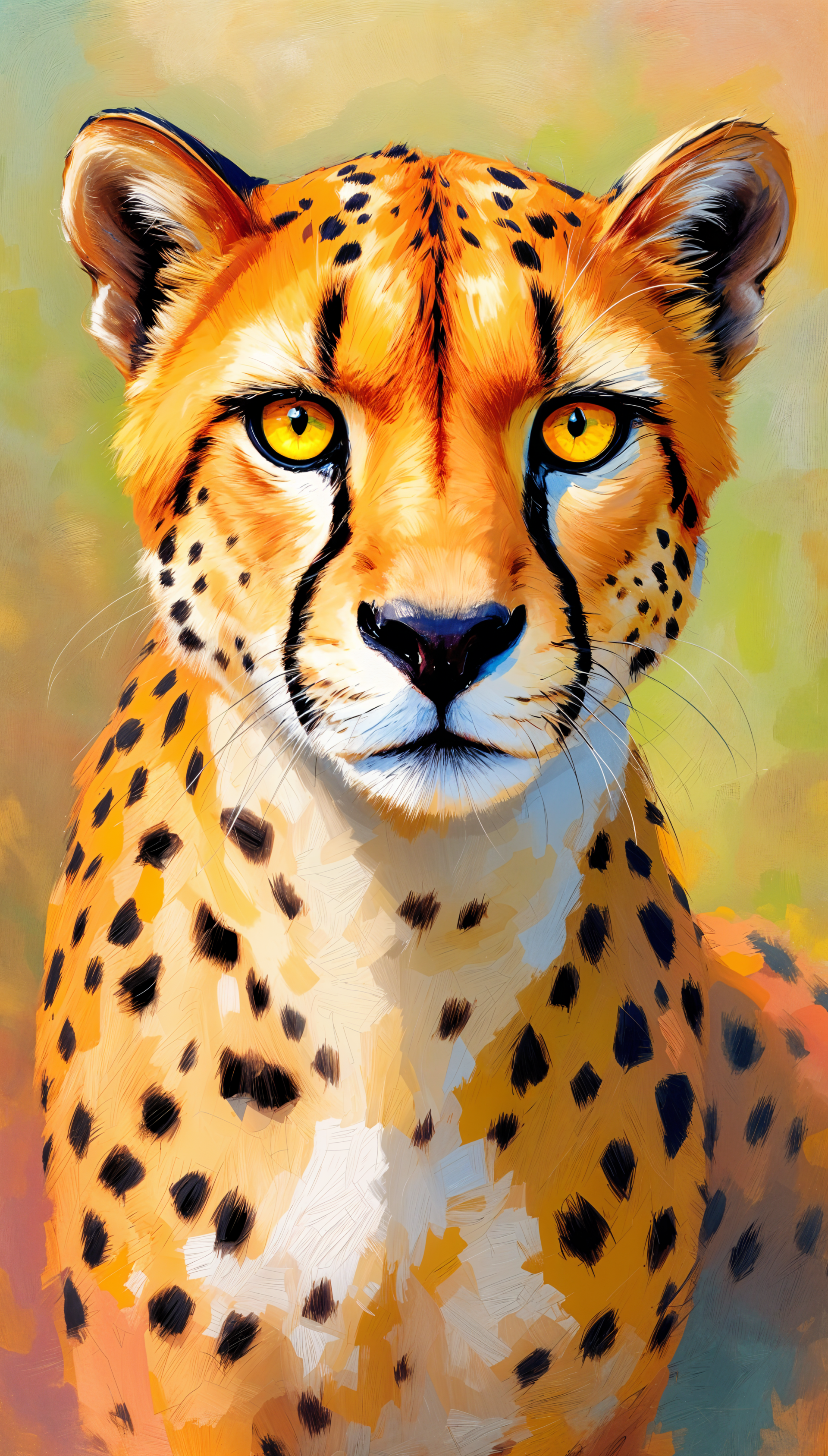 Colorful painting of a cheetah portrait, showcasing vibrant wildlife art designed as a phone wallpaper for iPhones and Android devices.