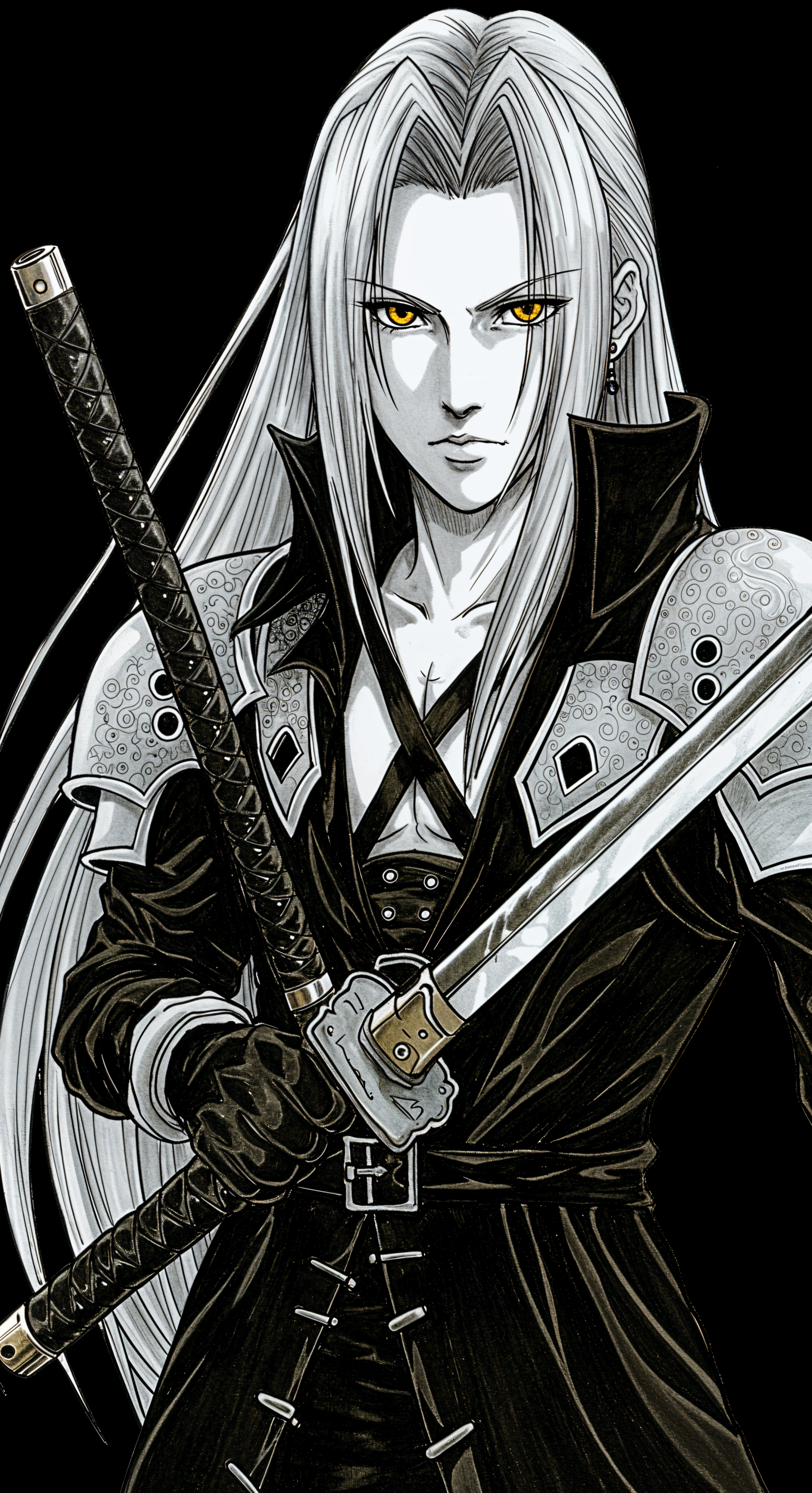 Sephiroth from Final Fantasy, depicted with striking detail, featuring his iconic long silver hair and sword. This design makes an impactful phone wallpaper for iPhones and Android devices.