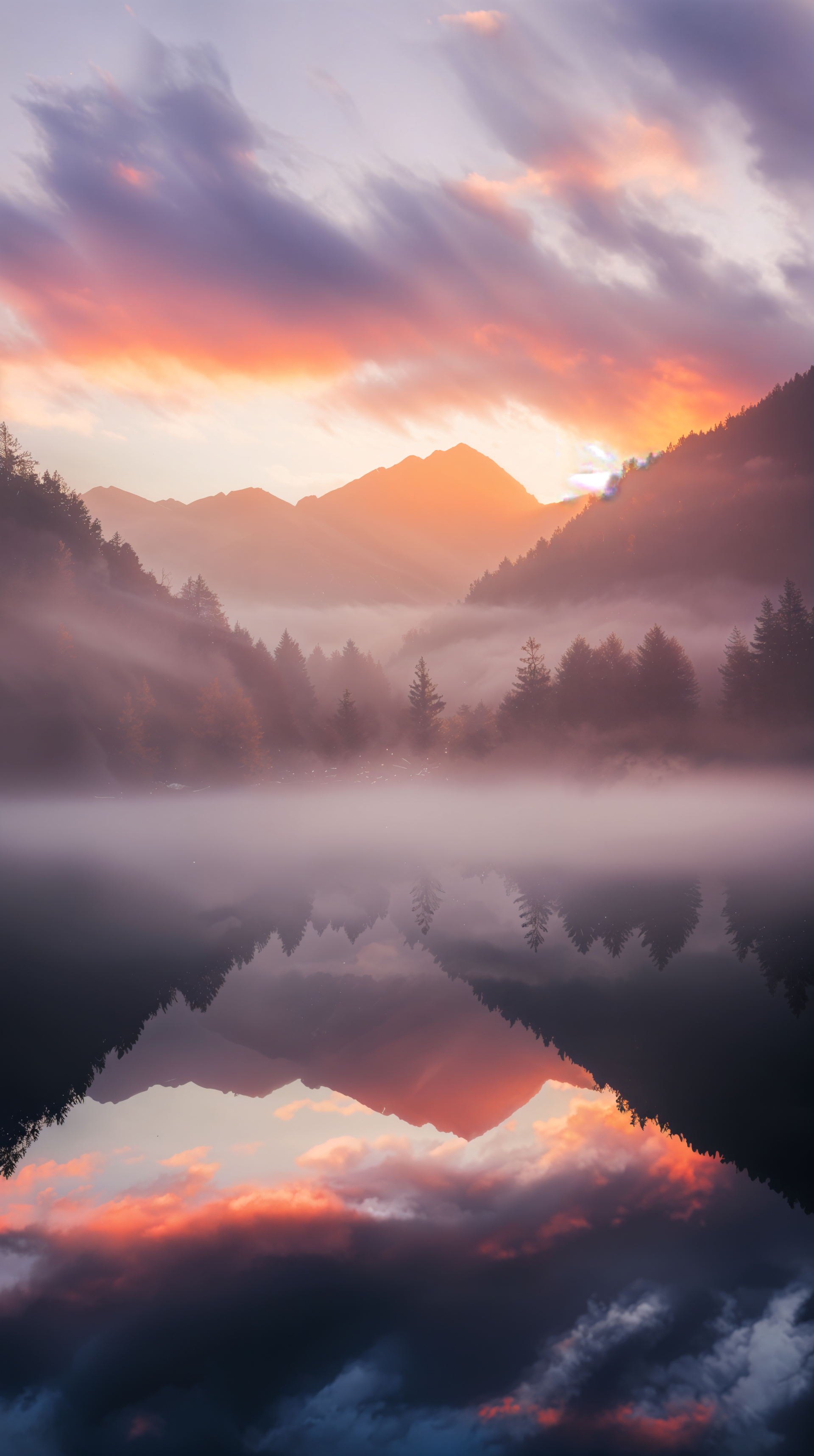 A serene morning scene featuring misty mountains and a colorful sunrise reflected in a calm lake, designed as a phone wallpaper for iPhones and Android devices.