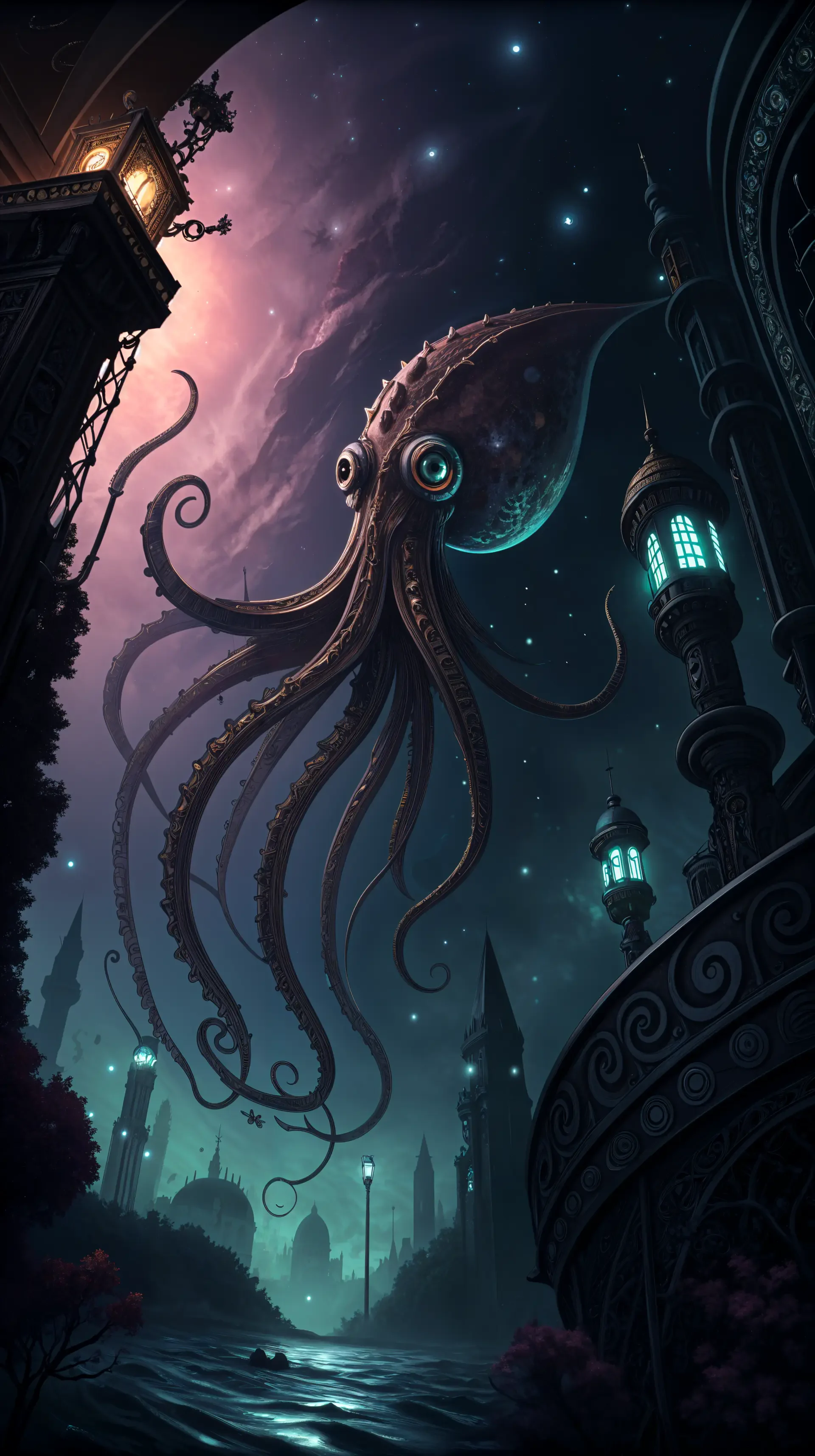 A mystical squid gracefully emerges against a starry night sky, surrounded by ethereal architecture, creating a captivating phone wallpaper for iPhones and Android devices.