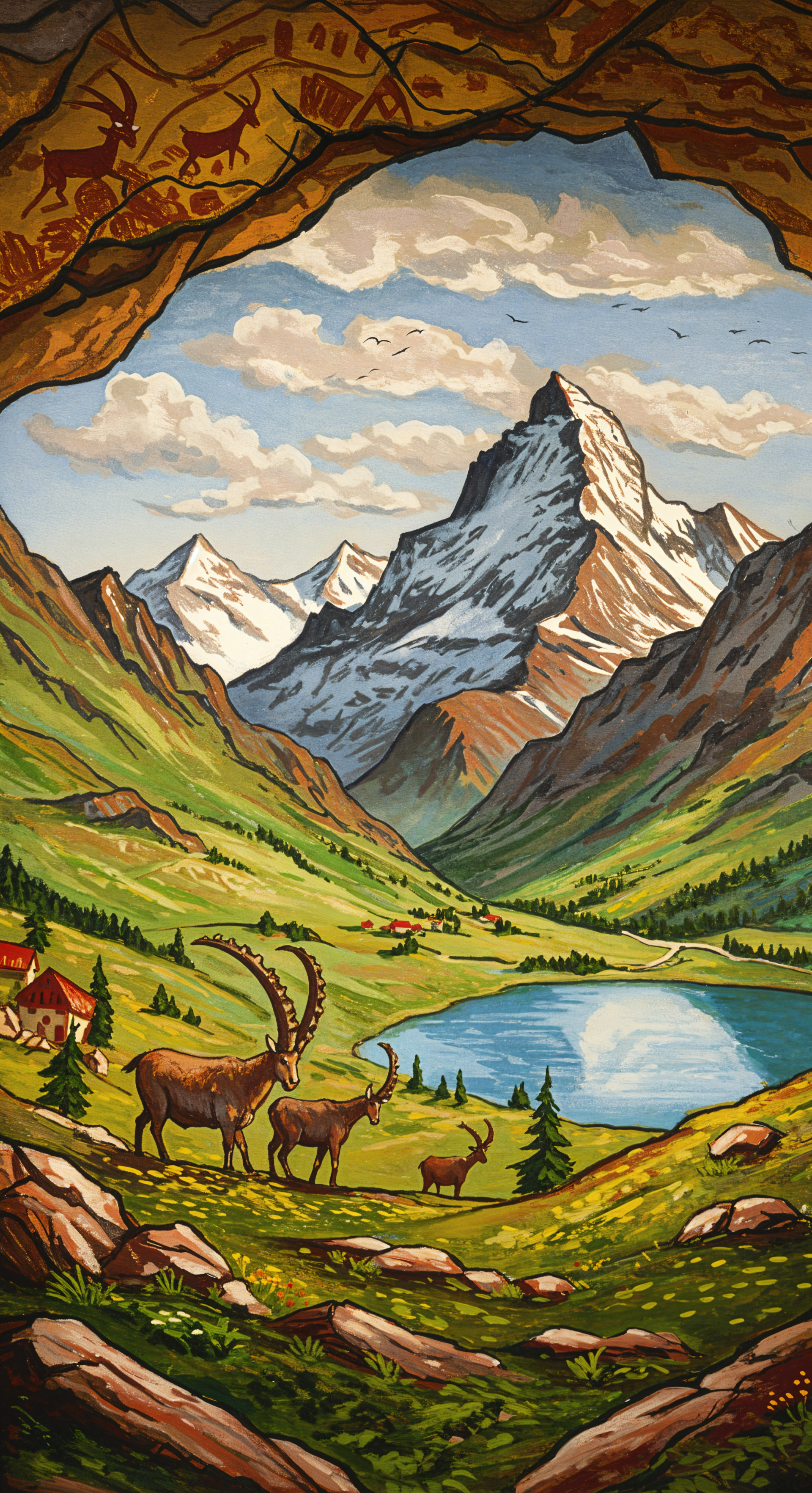 Phone wallpaper of a vibrant Swiss mountain landscape with a lake, alpine wildlife, and ancient cave paintings framing the scene under a cloudy sky.