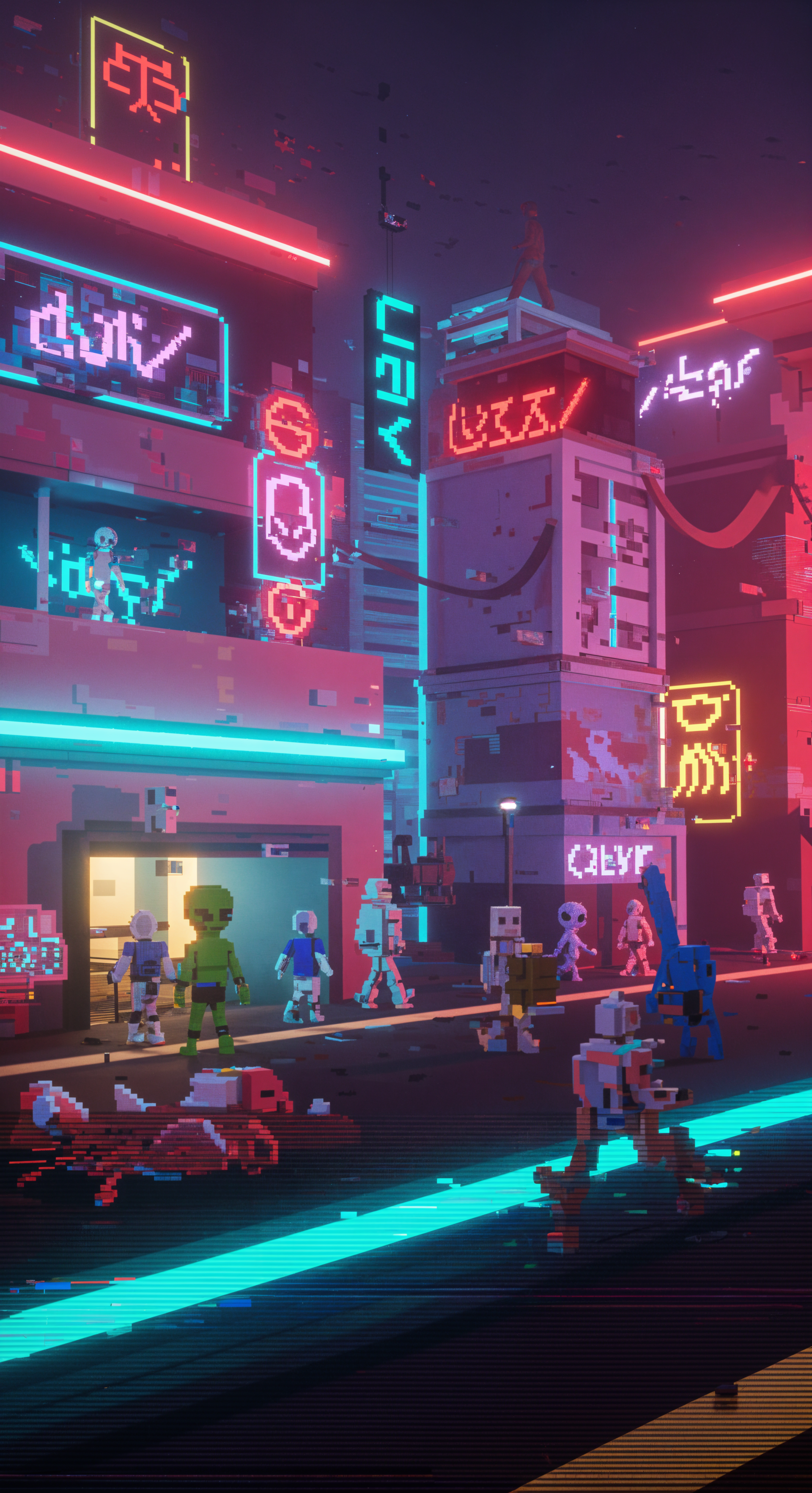 Pixel art cyberpunk cityscape at night with neon lights and futuristic characters, designed as a vibrant metaverse phone wallpaper for iPhones and Android devices.