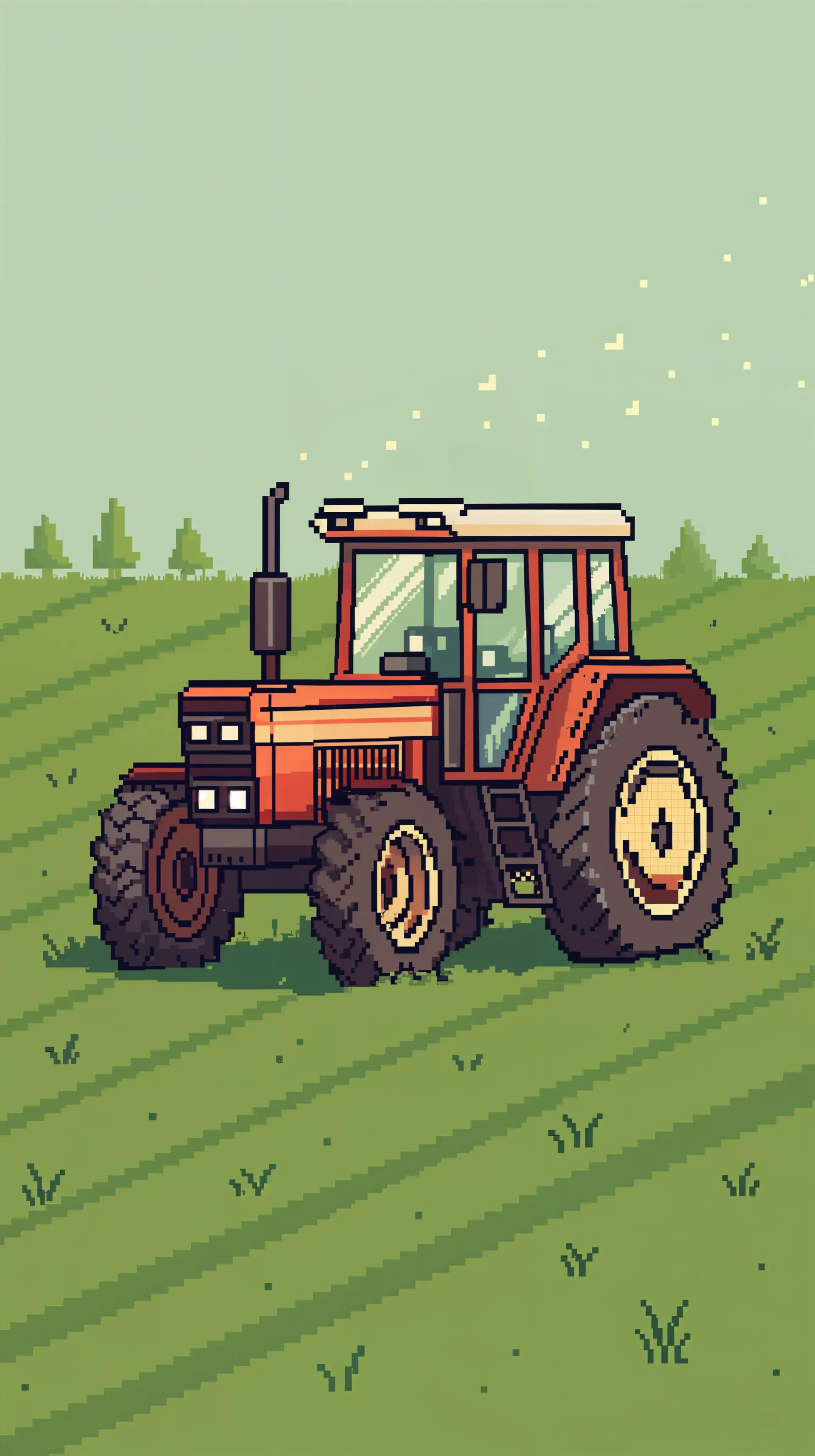 Pixel art of a red tractor in a green field, designed as a vertical phone wallpaper compatible with iPhone and Android, showcasing farming and agriculture themes.