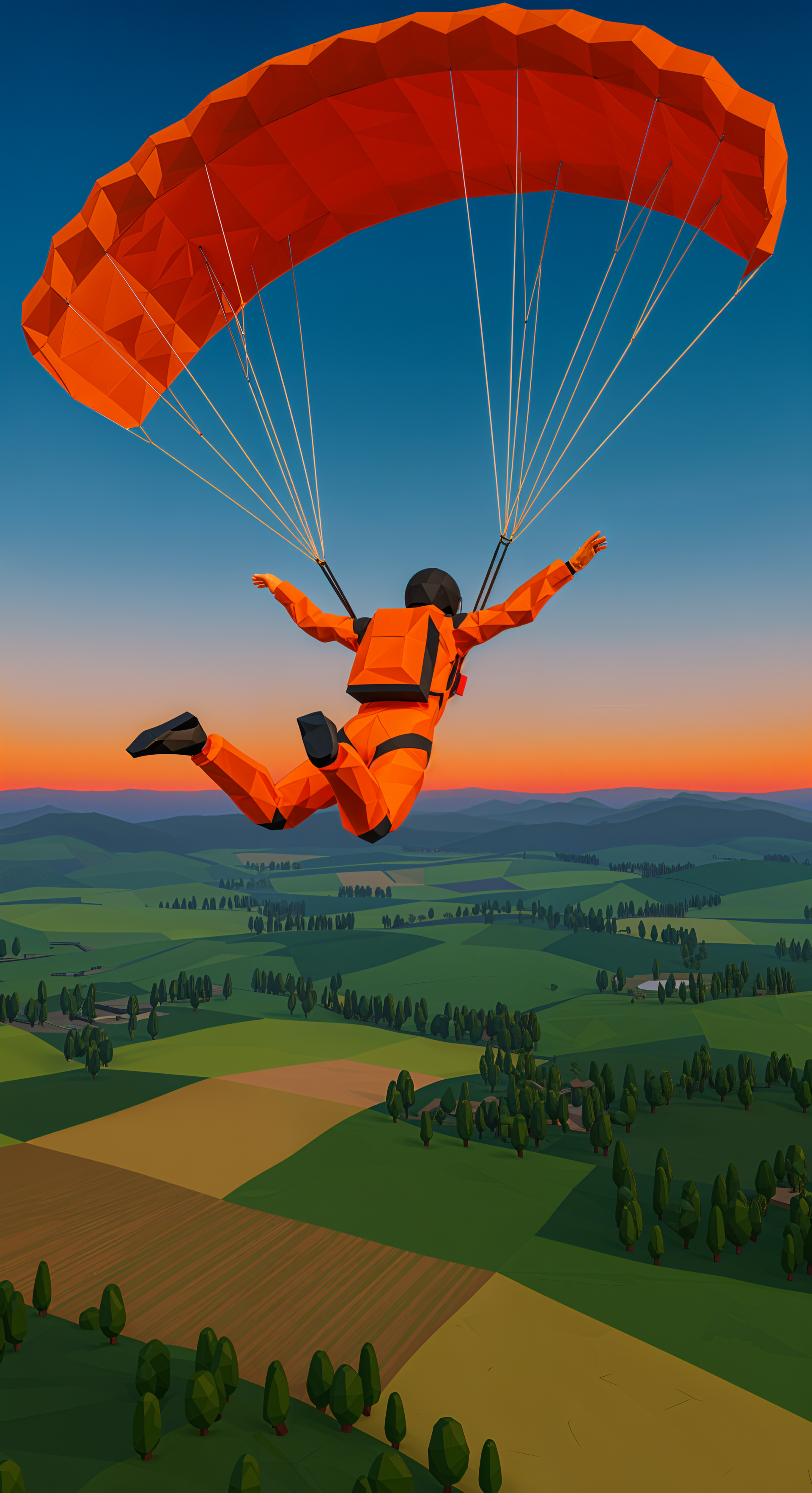 A vibrant skydiver in an orange parachute descends over lush green fields at sunset, creating an exhilarating backdrop for phone wallpapers on iPhones and Android devices.