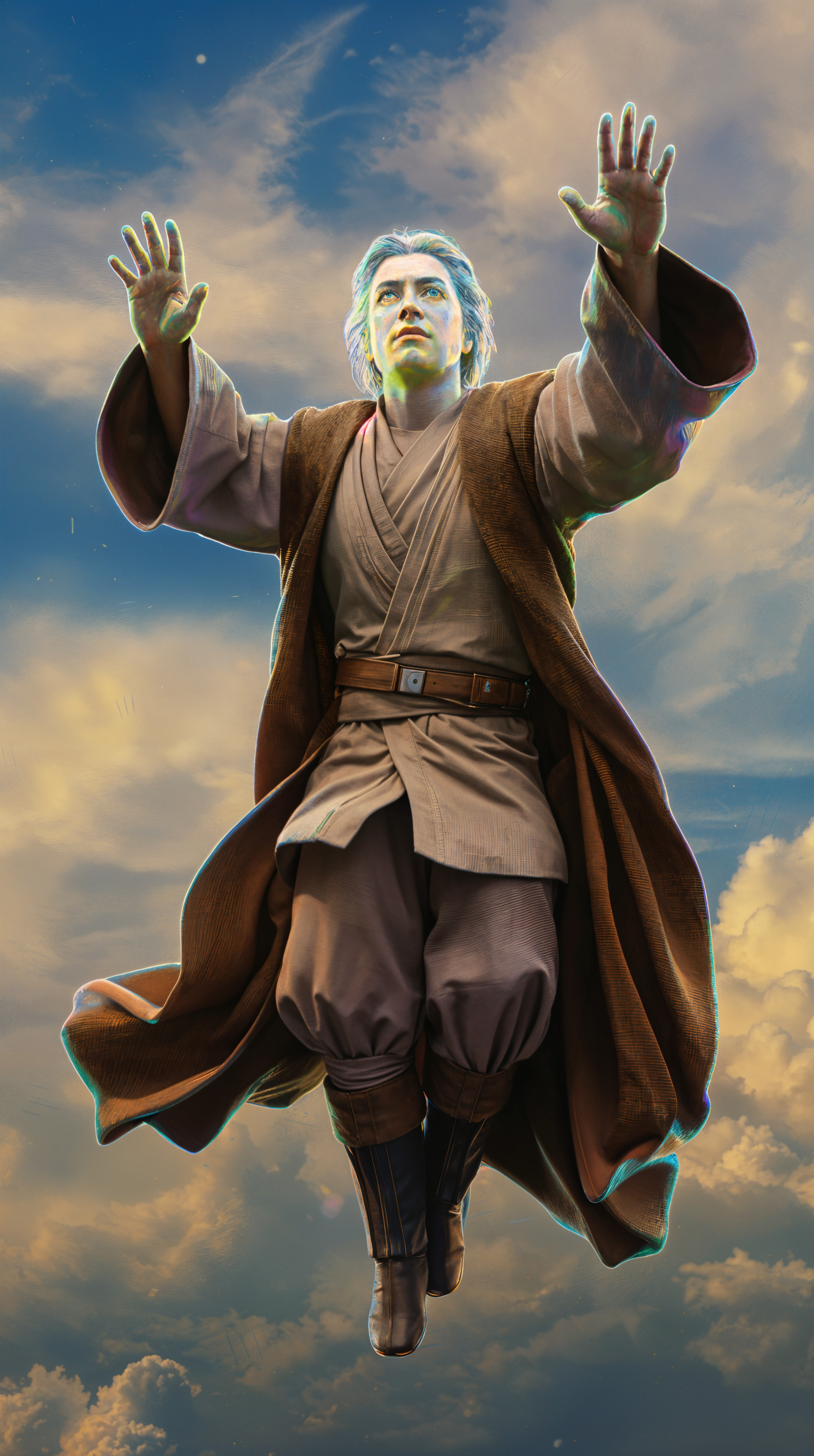 A Jedi rises against a backdrop of clouds, projecting strength and grace. This enchanting image makes a striking phone wallpaper for iPhones and Android devices.