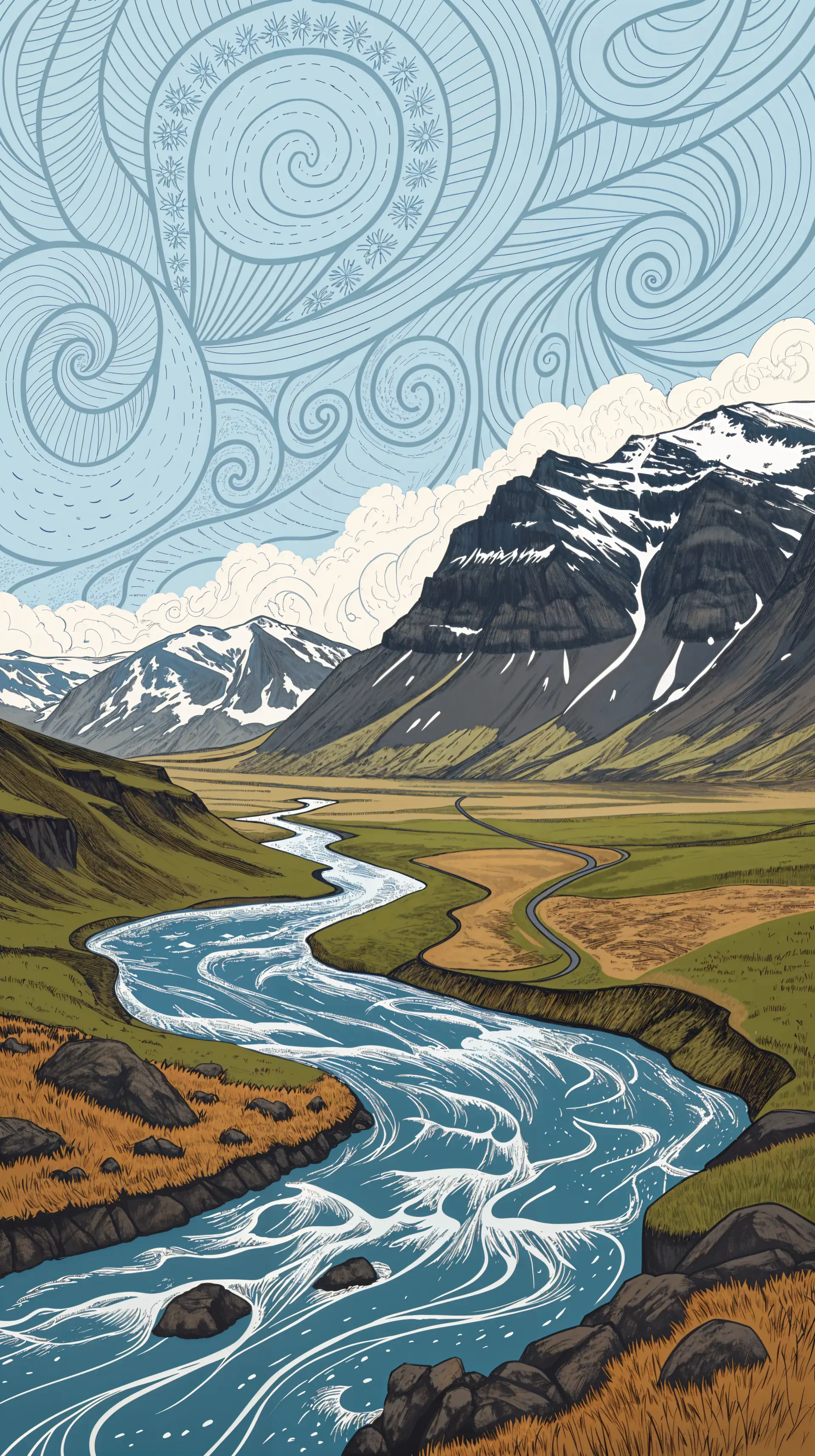 A vibrant illustration of Iceland's landscapes, featuring a winding river, majestic mountains, and a swirling sky, designed as a phone wallpaper for iPhones and Android devices.