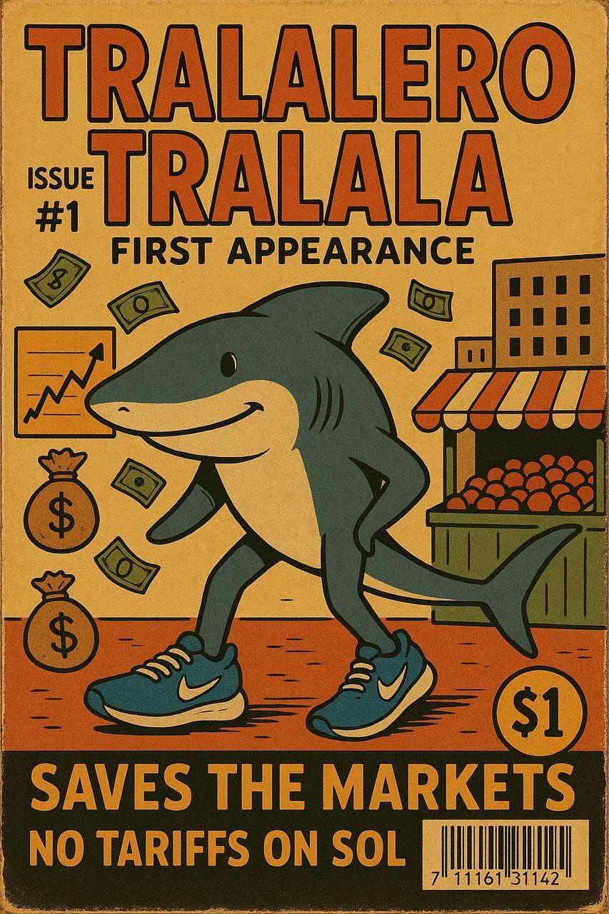 A playful phone wallpaper featuring a cartoon shark promoting Tralalero Tralala. The design highlights market themes with a vibrant, eye-catching color scheme.