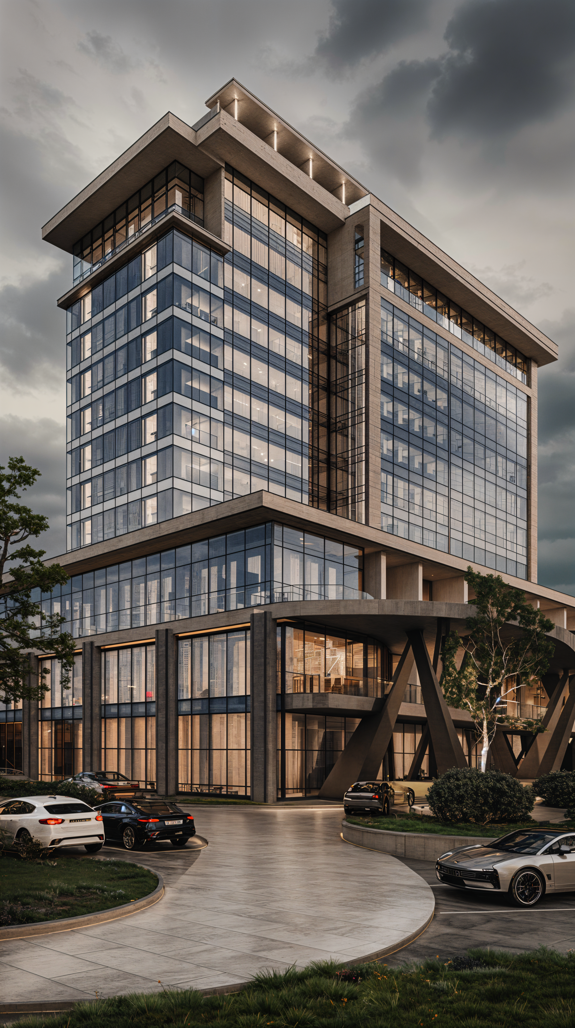 Phone wallpaper showing a modern hotel with glass facade and contemporary architecture set in an urban landscape, designed to fit iPhone and Android screens.