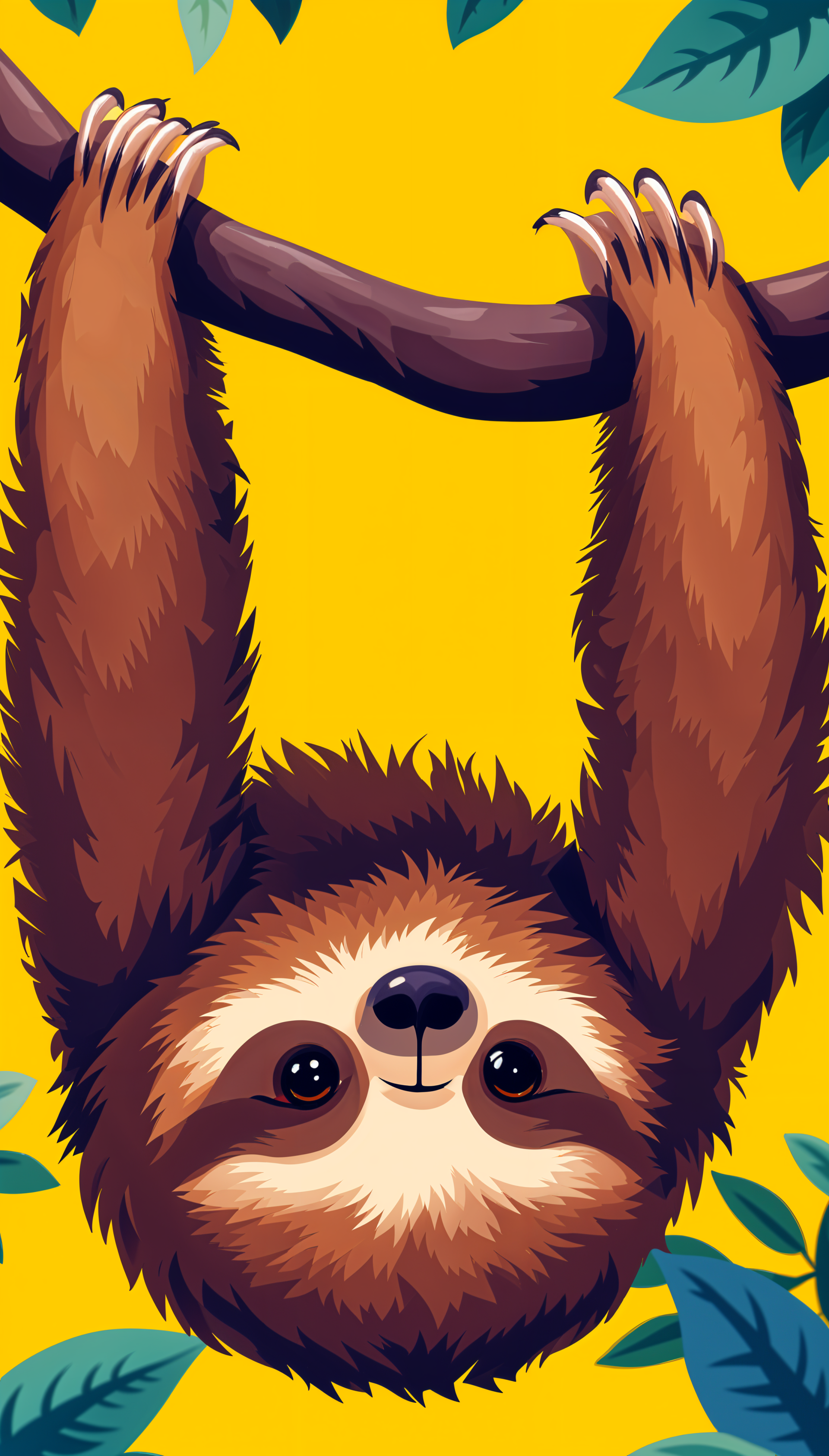 A cute sloth hangs upside down from a branch, set against a vibrant yellow background, surrounded by green leaves. This playful design works well as a phone wallpaper for iPhones and Android devices.