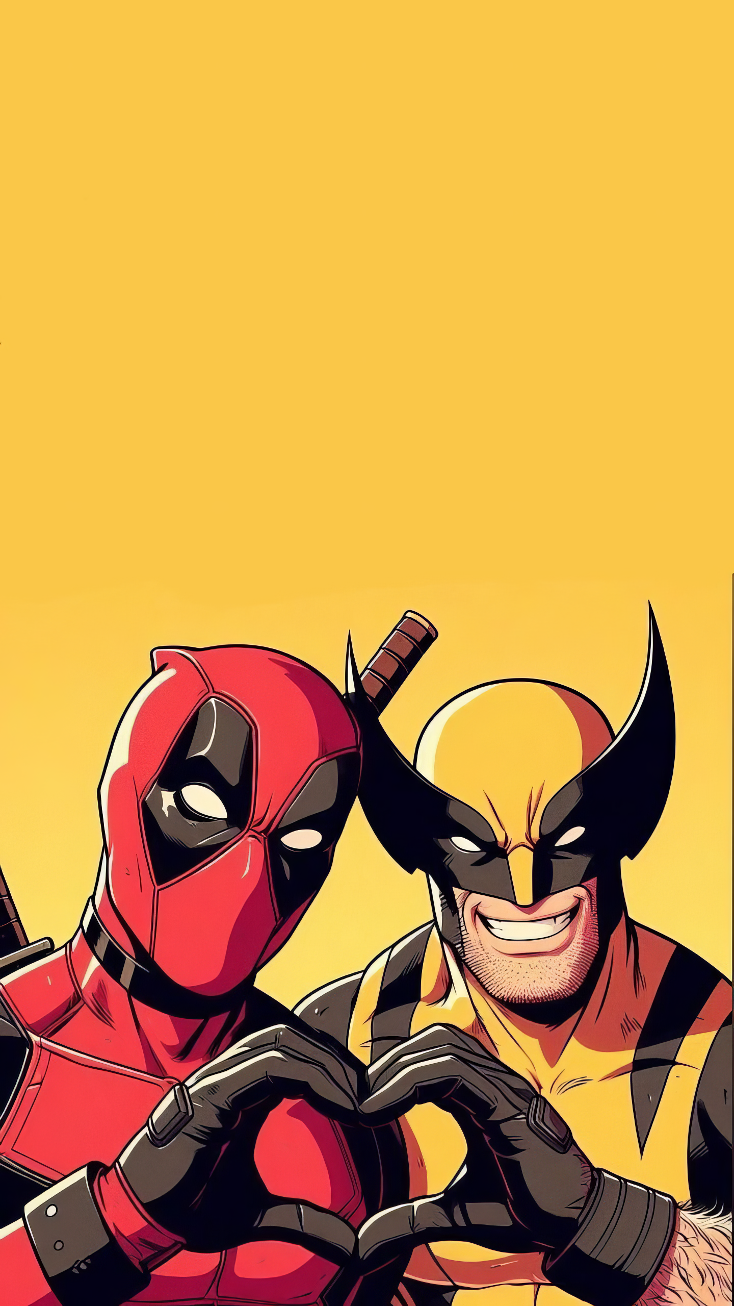 Phone wallpaper featuring Marvel Comics' Deadpool and Wolverine forming a heart with their hands against a yellow background, designed for both iPhones and Android phones.