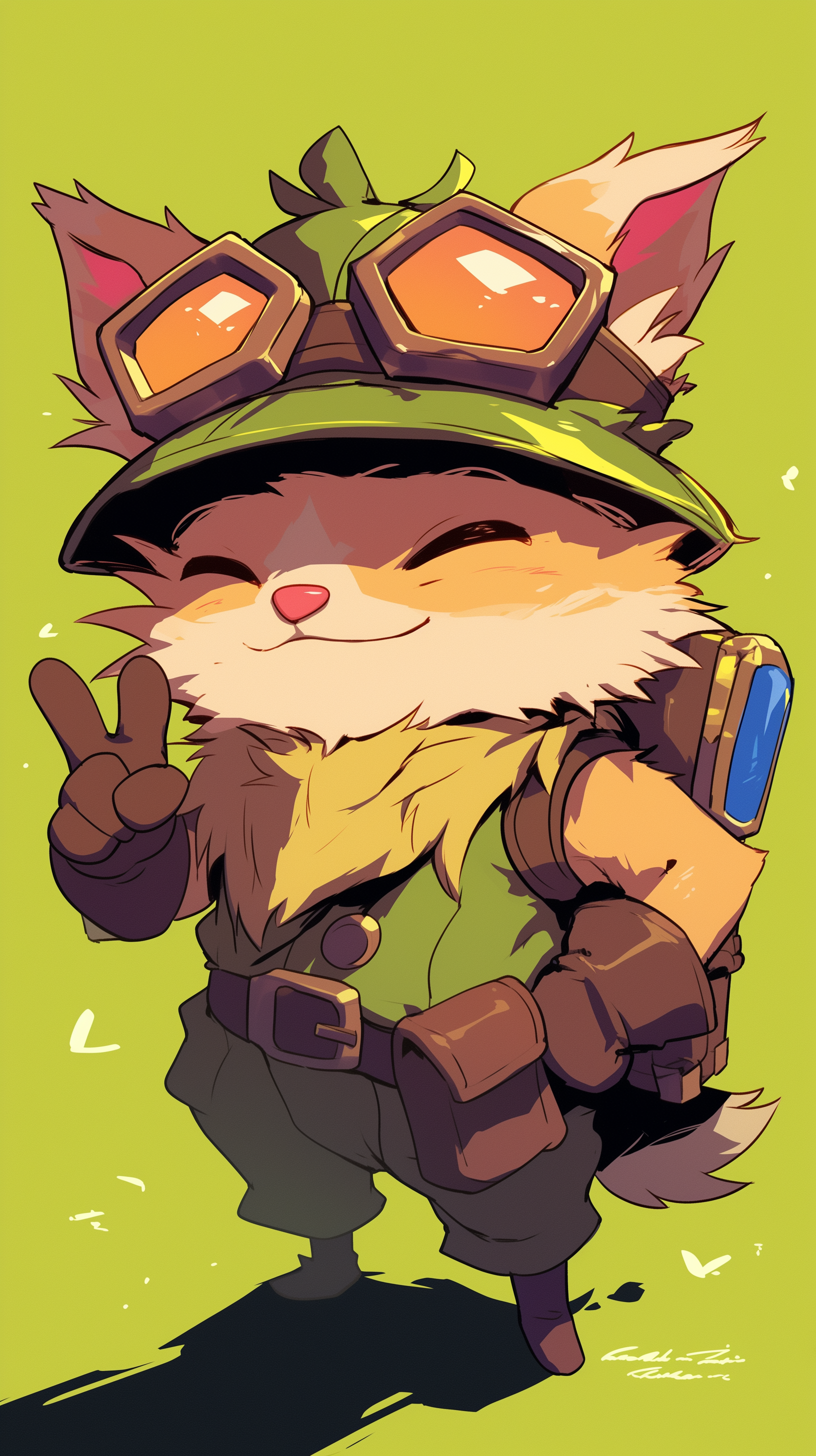 Cheerful Teemo from League of Legends giving a peace sign, set against a vibrant green background. A playful phone wallpaper for both iPhones and Android devices.