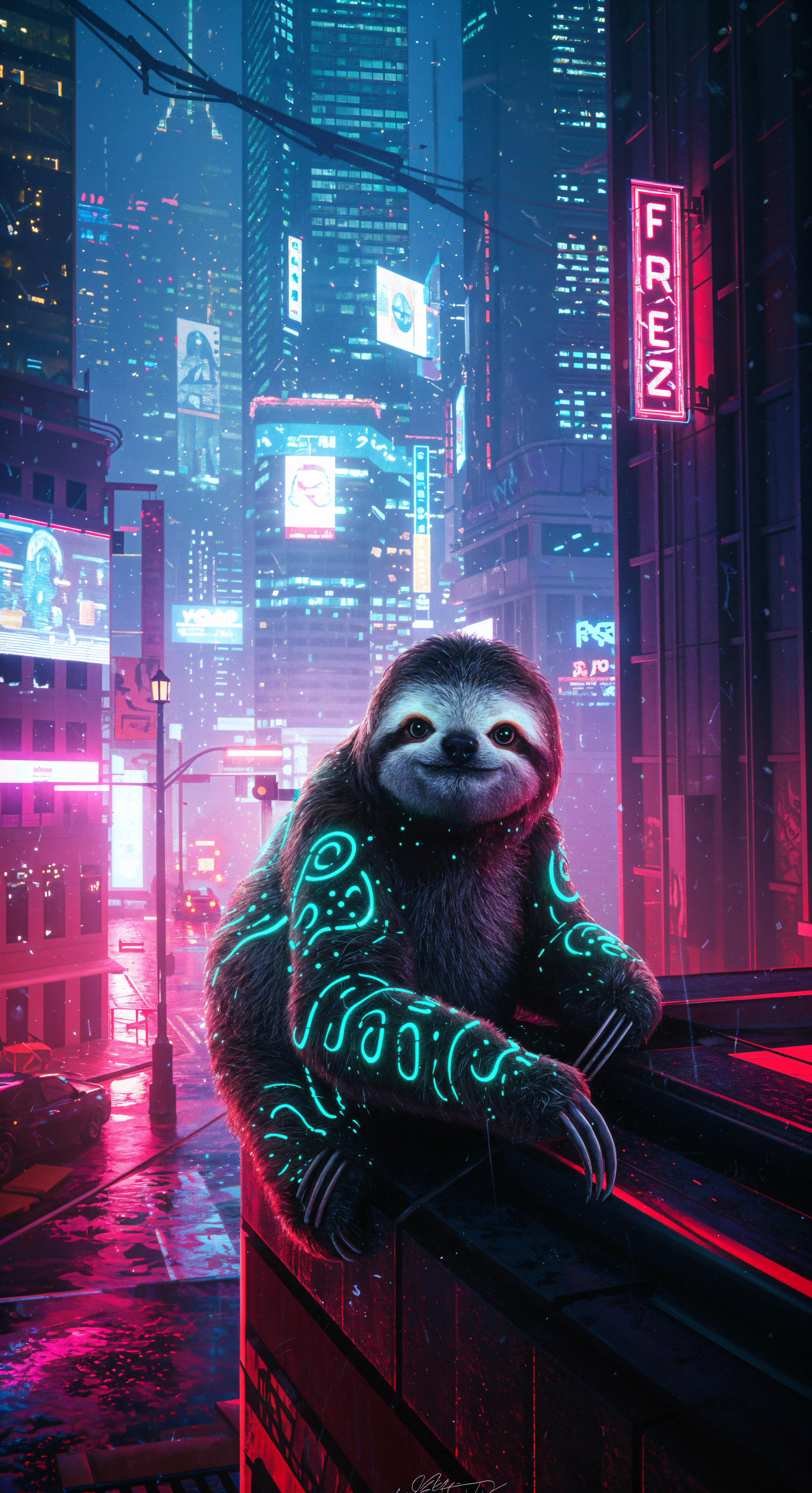 A glowing sloth relaxes atop a building in a vibrant, neon-lit cityscape, creating a captivating phone wallpaper for iPhones and Androids.