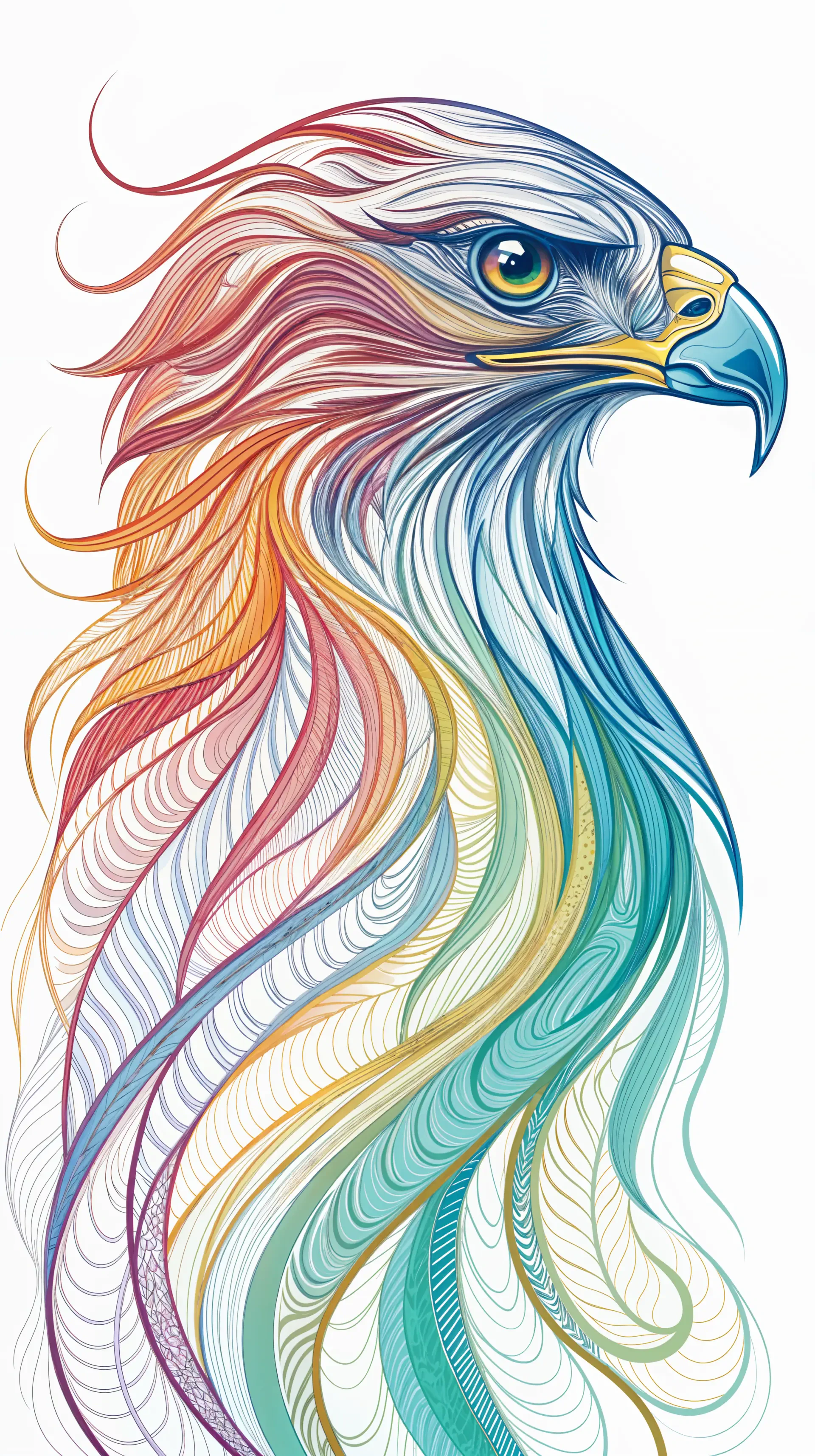 A stylized illustration of a hawk with flowing, colorful feathers, designed as a vibrant phone wallpaper for both iPhones and Android phones.