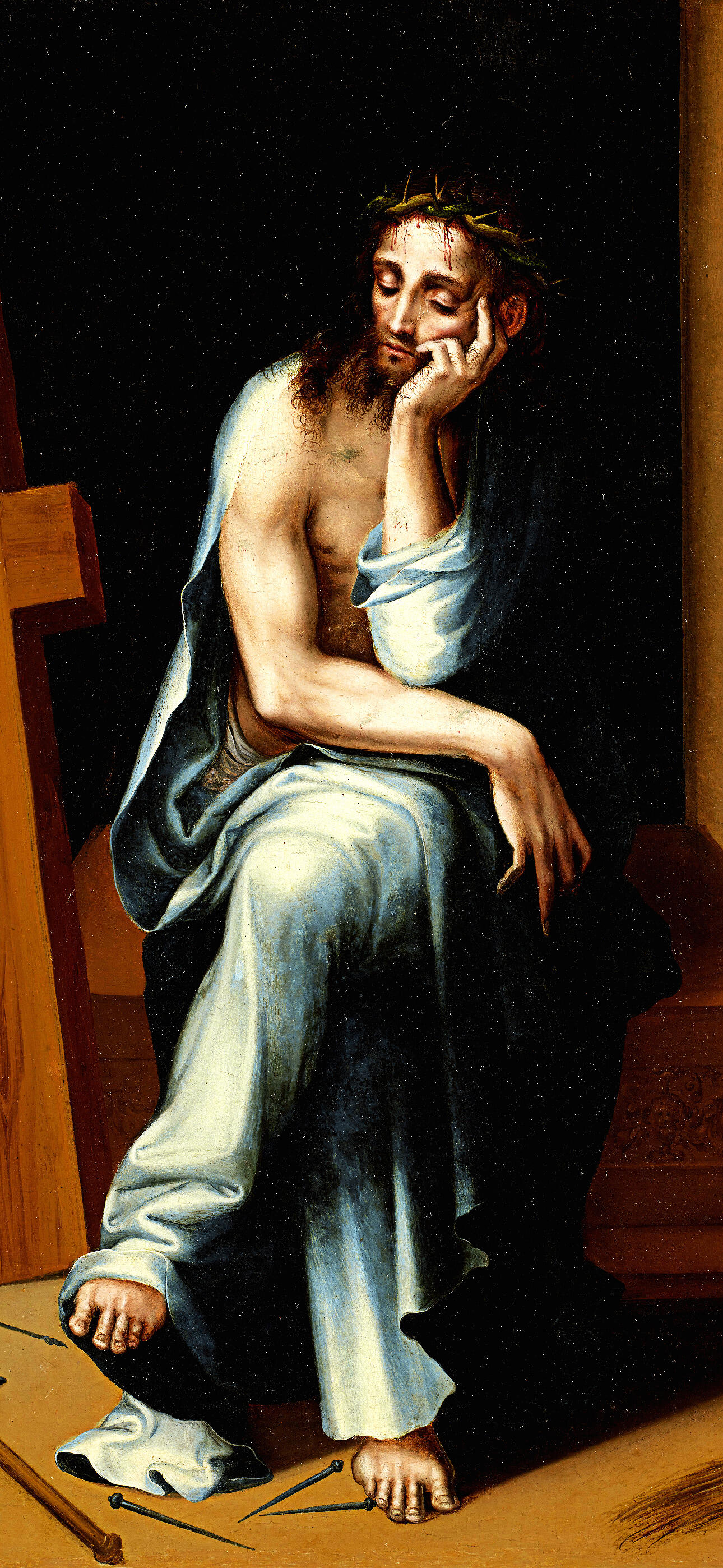 A contemplative depiction of Jesus, seated with a thoughtful expression, suitable as a phone wallpaper for both iPhones and Android devices, conveying a serene religious atmosphere.