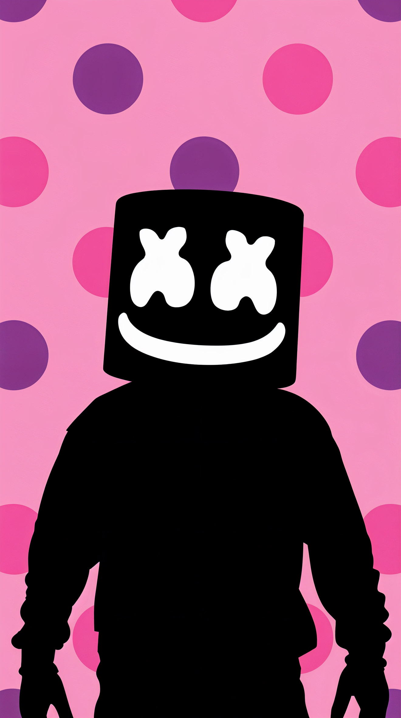 Silhouette of DJ Marshmello with his signature helmet against a colorful pink background with purple and pink polka dots, designed as a phone wallpaper for iPhones and Android devices.
