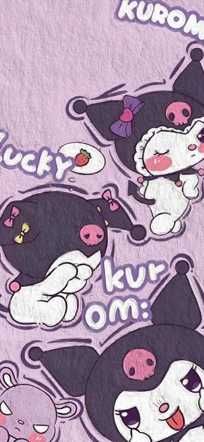 Phone wallpaper featuring Kuromi from Onegai My Melody anime in various poses on a textured purple background, designed for both iPhone and Android devices.