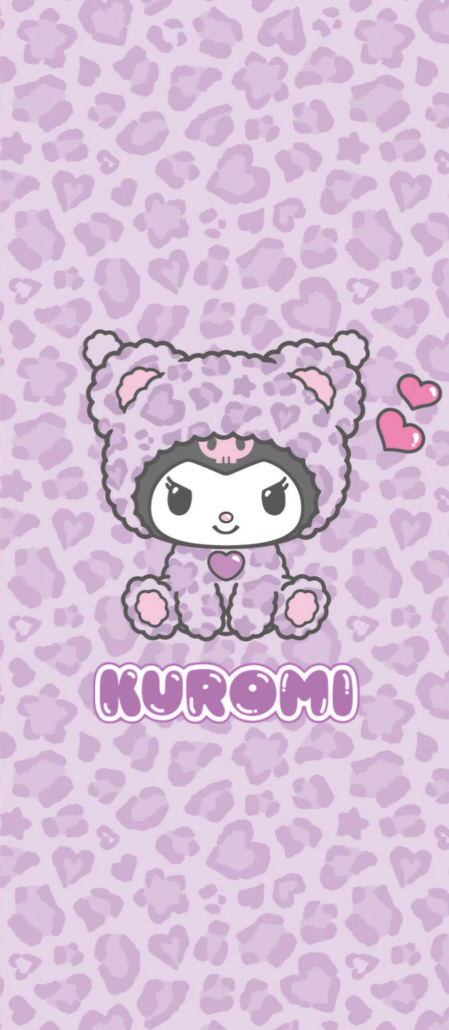Phone wallpaper featuring Kuromi from the anime Onegai My Melody in a cute purple leopard costume with hearts on a matching patterned background, designed for iPhone and Android.