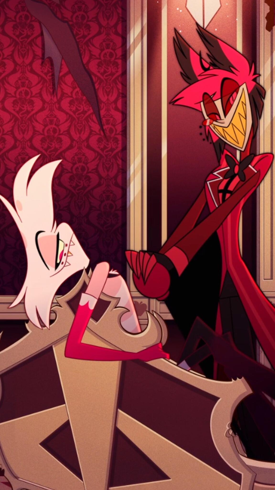 Phone wallpaper featuring Alastor and Angel Dust from the TV show Hazbin Hotel, styled with vibrant colors and dynamic poses for iPhone and Android screens.