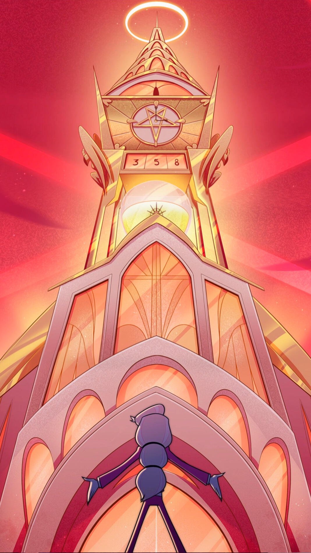 Phone wallpaper featuring a towering art deco clock tower with a character resembling Charlie Morningstar from the TV show Hazbin Hotel, set against a vibrant red and pink sky.