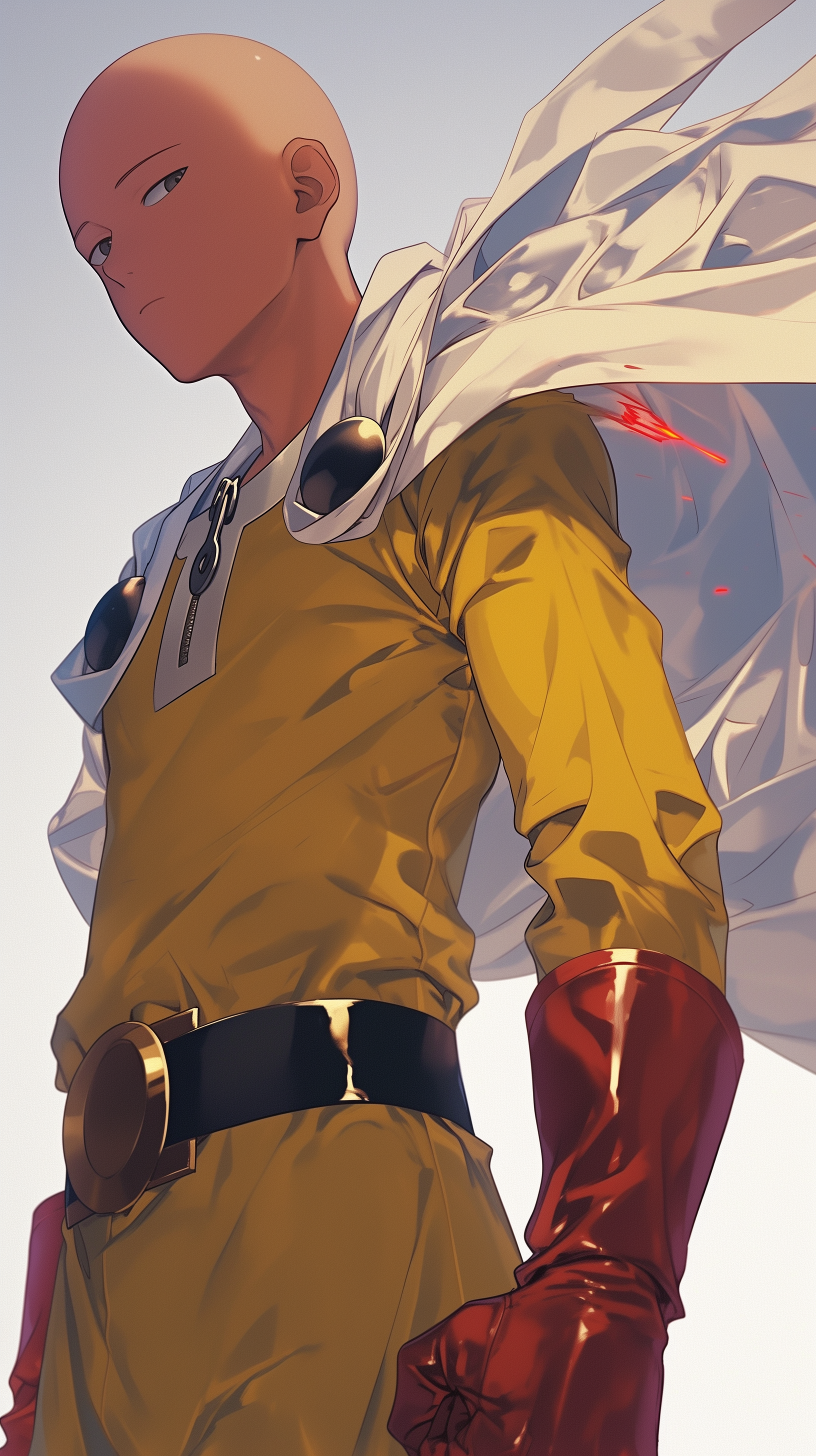 Anime-style phone wallpaper featuring Saitama from One-Punch Man in his yellow suit, red gloves, and flowing white cape, designed for iPhone and Android screens.