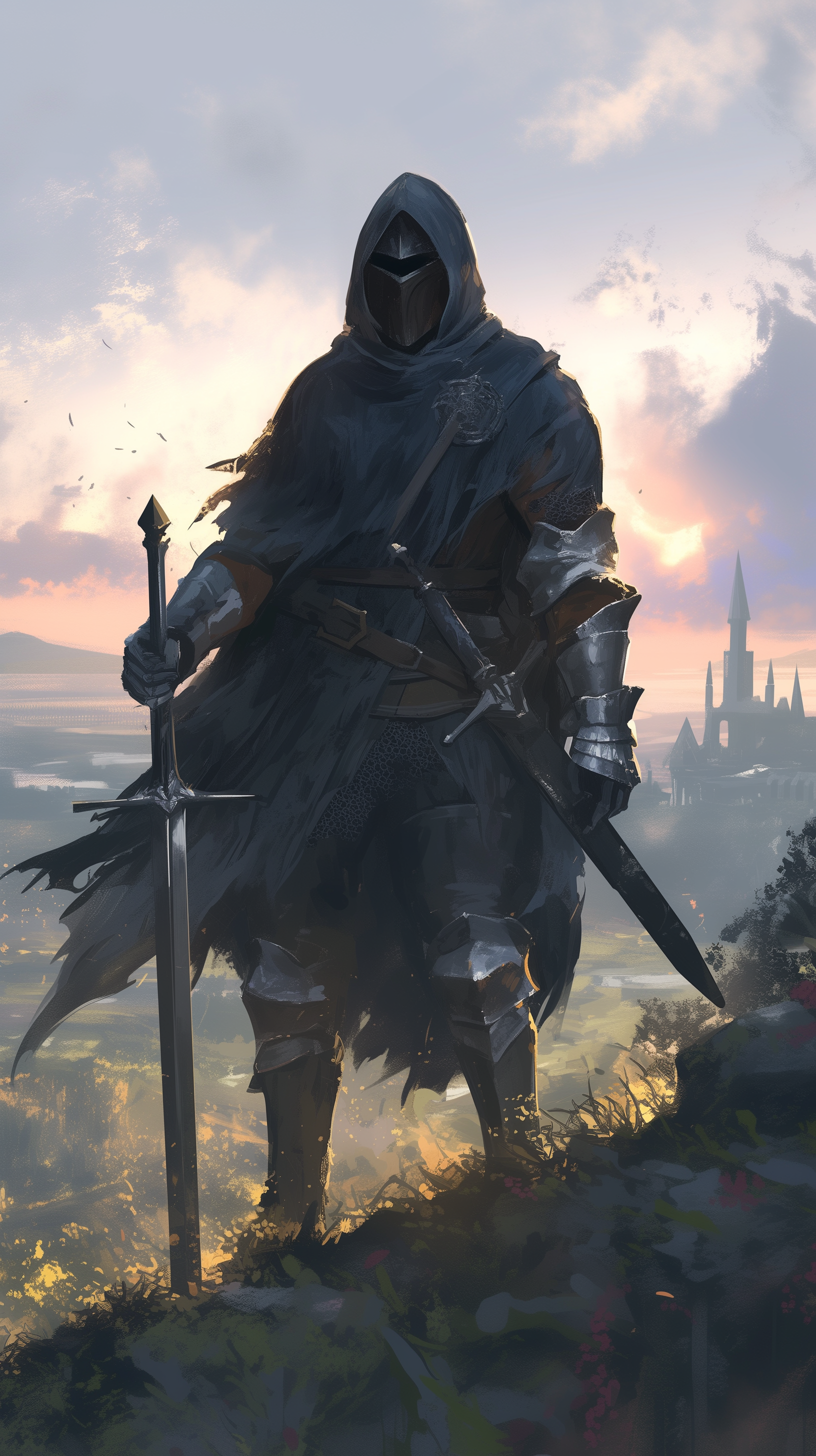 Dark Souls-inspired phone wallpaper featuring a hooded knight wielding a broadsword, standing against a dramatic sky and distant castle landscape.