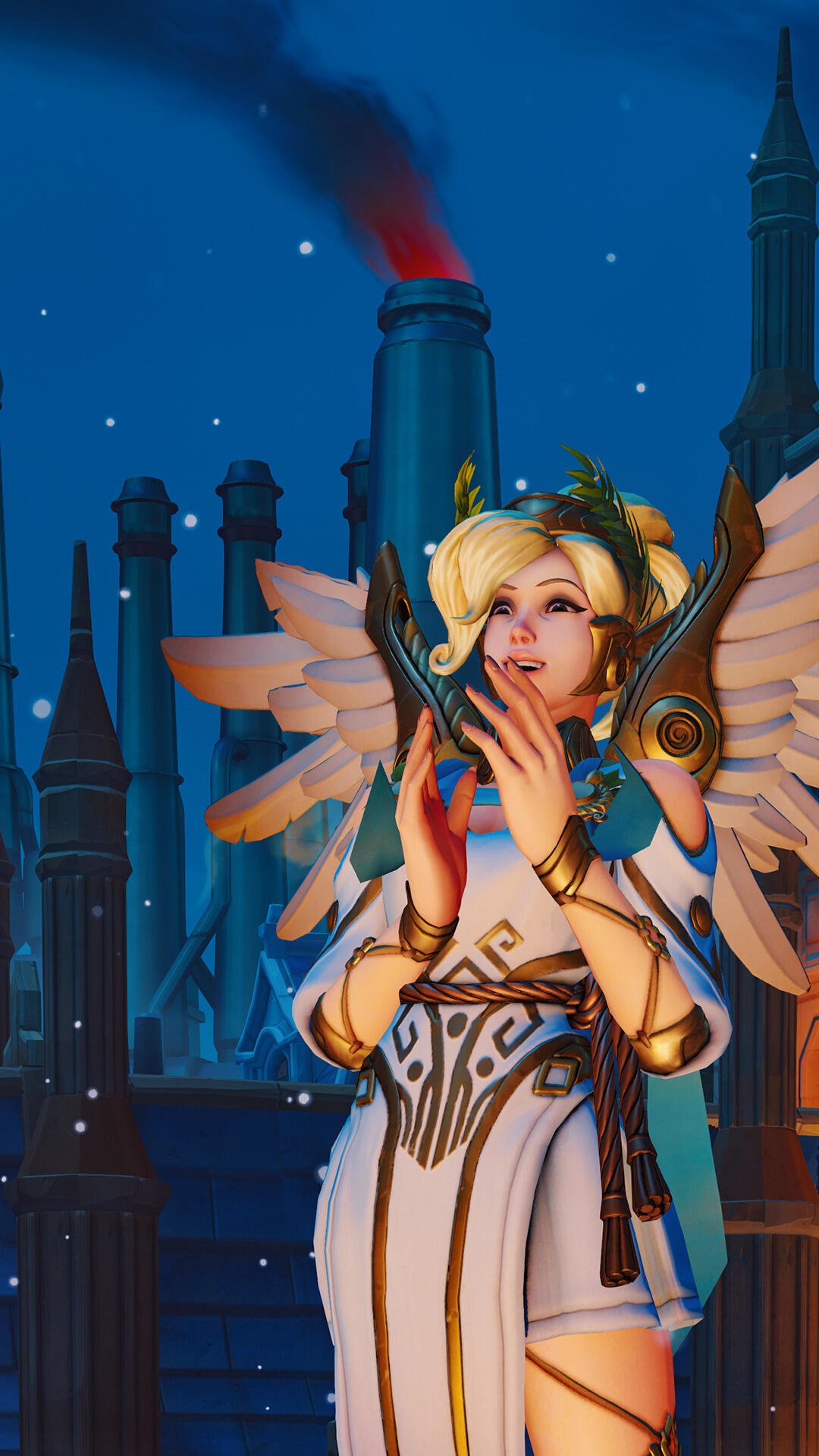 A stunning Overwatch phone wallpaper featuring Mercy, with her angelic wings and a serene expression, set against a backdrop of snowy buildings and smokestacks.