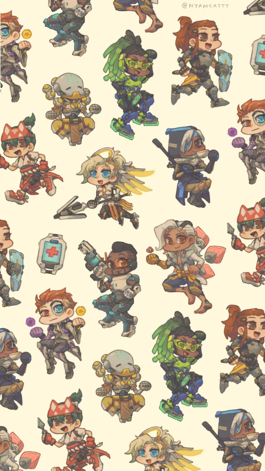 Chibi characters from Overwatch fill this playful phone wallpaper, designed for vibrant and fun customization on iPhones and Androids. Brighten your screen with this delightful pattern!