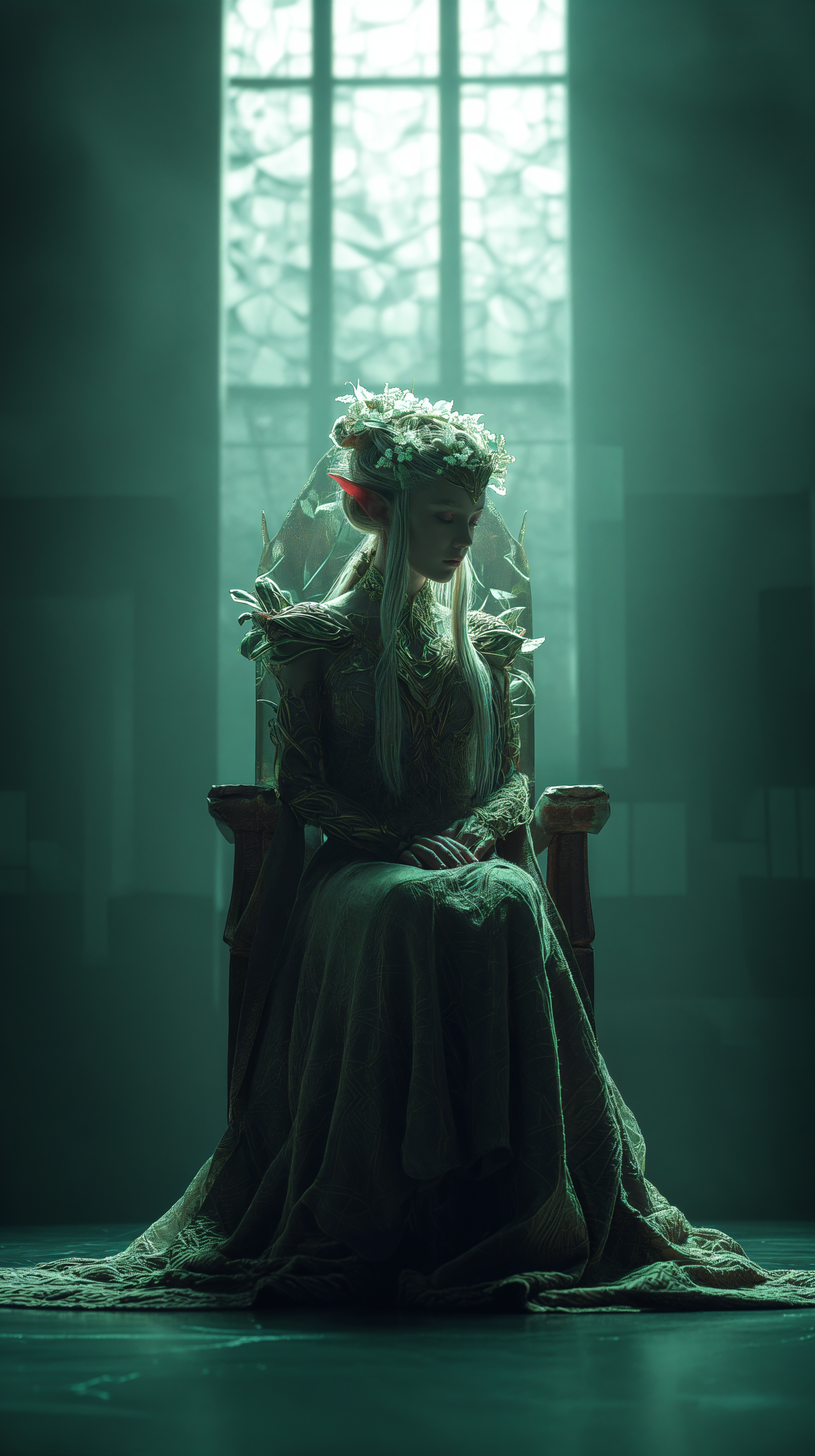 A mysterious elven queen sits on her throne, shrouded in ethereal light, surrounded by mist. This captivating fantasy art makes a striking phone wallpaper for any device.