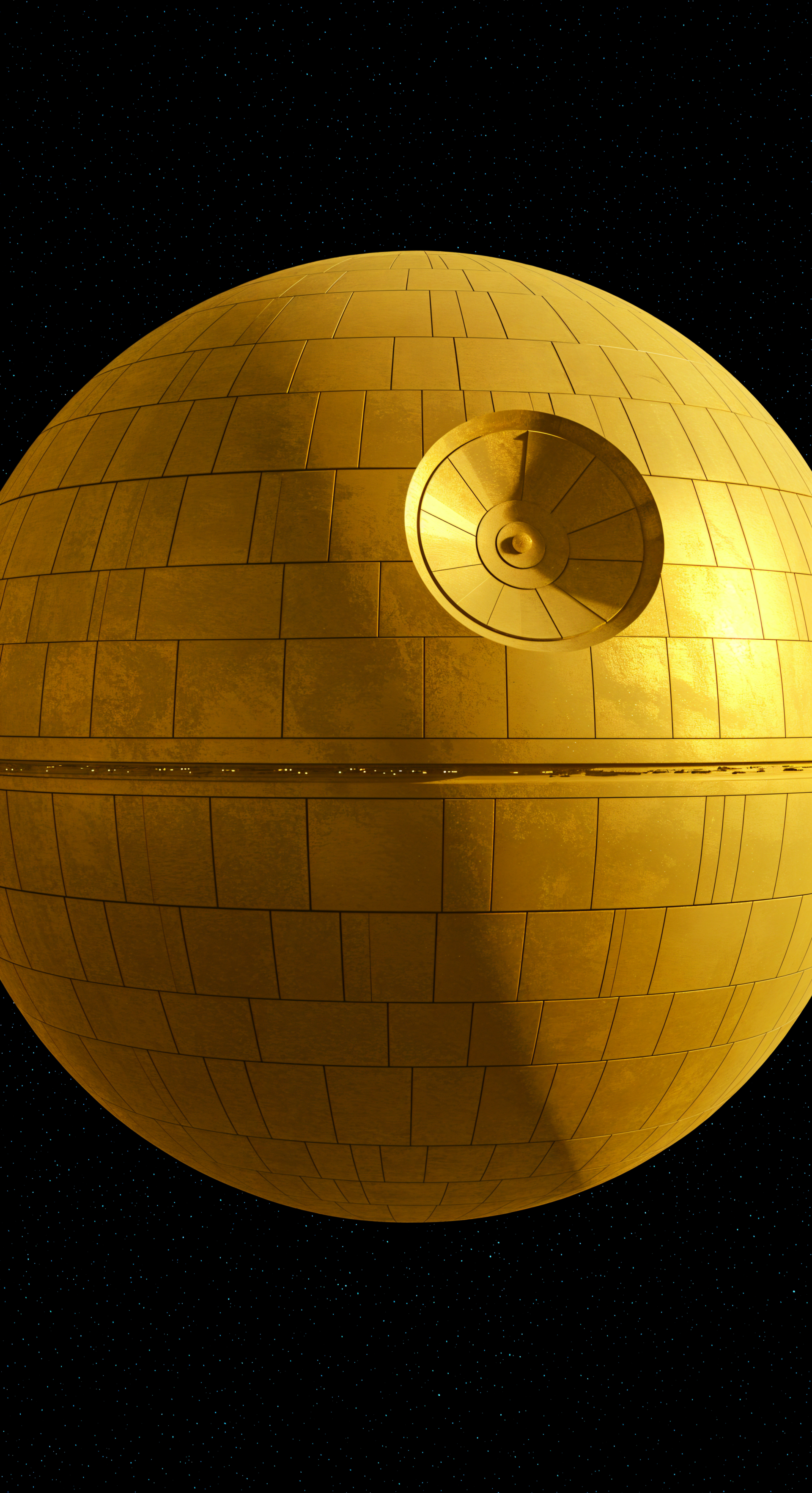 Golden Death Star spaceship from Star Wars against a black space background, designed as a sci-fi phone wallpaper for iPhones and Android devices.