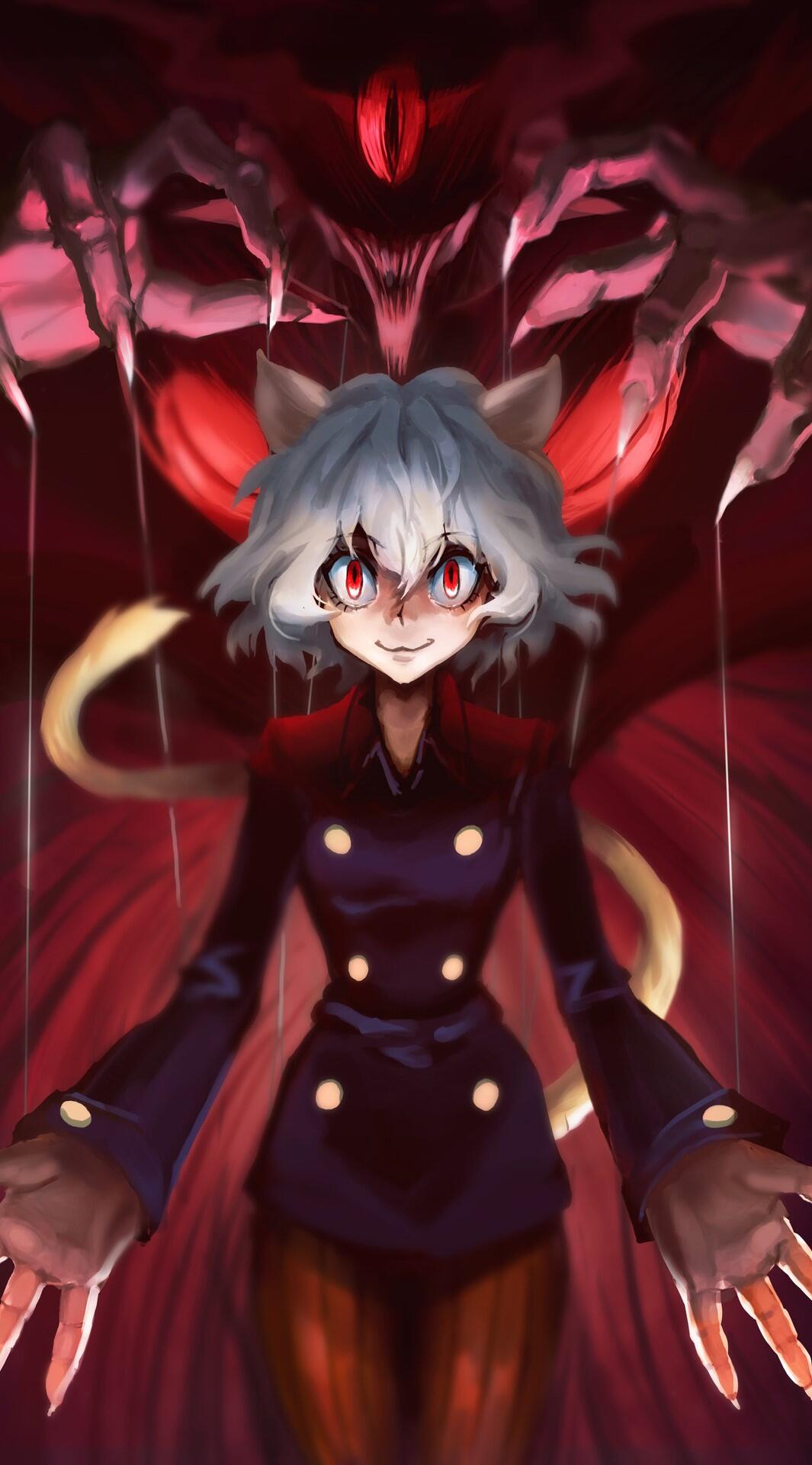 Phone wallpaper featuring Neferpitou from Hunter x Hunter in a red-themed anime style, with eerie, puppet-like hands looming behind and glowing red eyes.