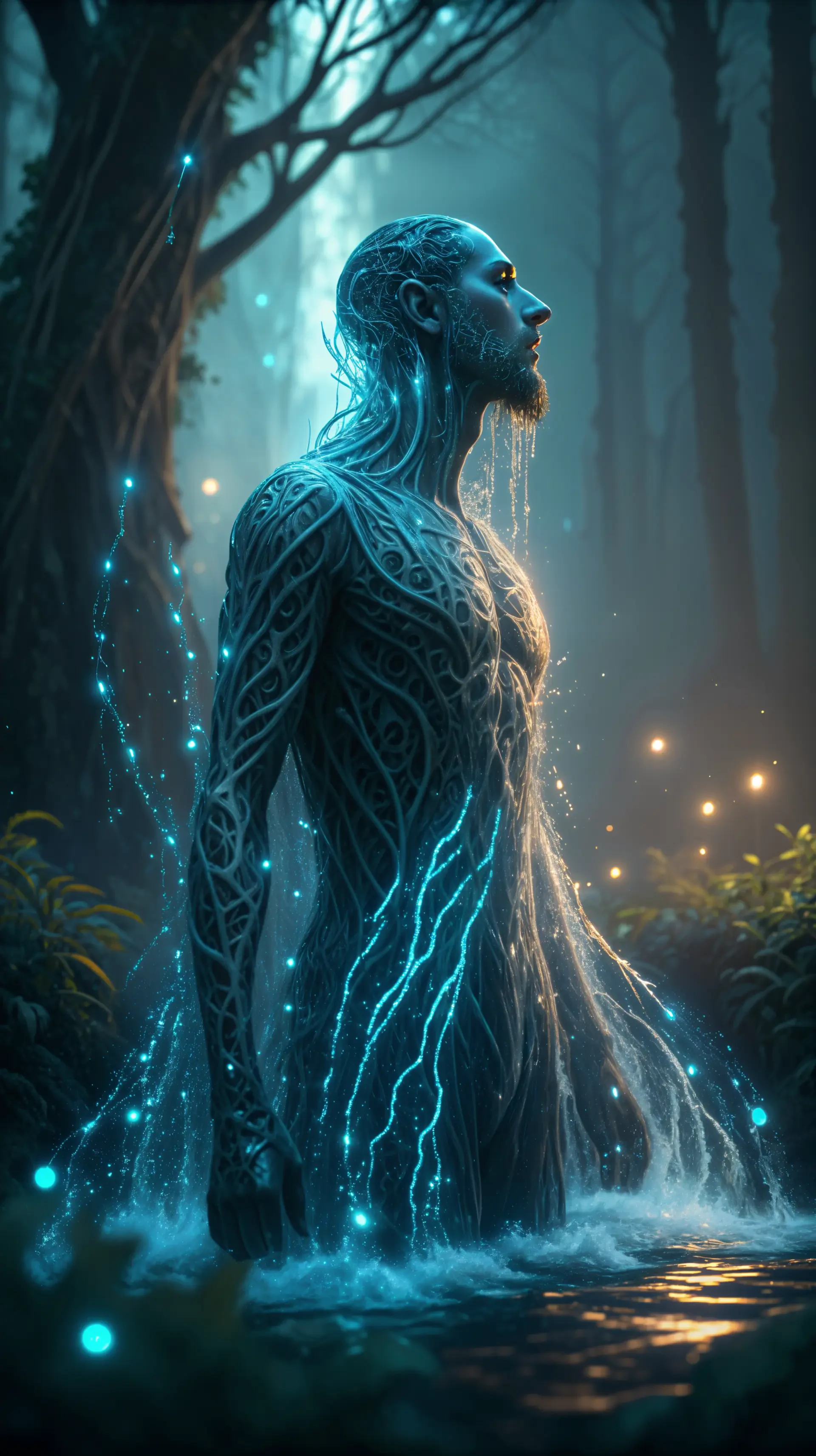 A mystical druid figure emerges from water, entwined with glowing vines and surrounded by a serene forest ambiance, designed as a captivating phone wallpaper for iPhones and Androids.