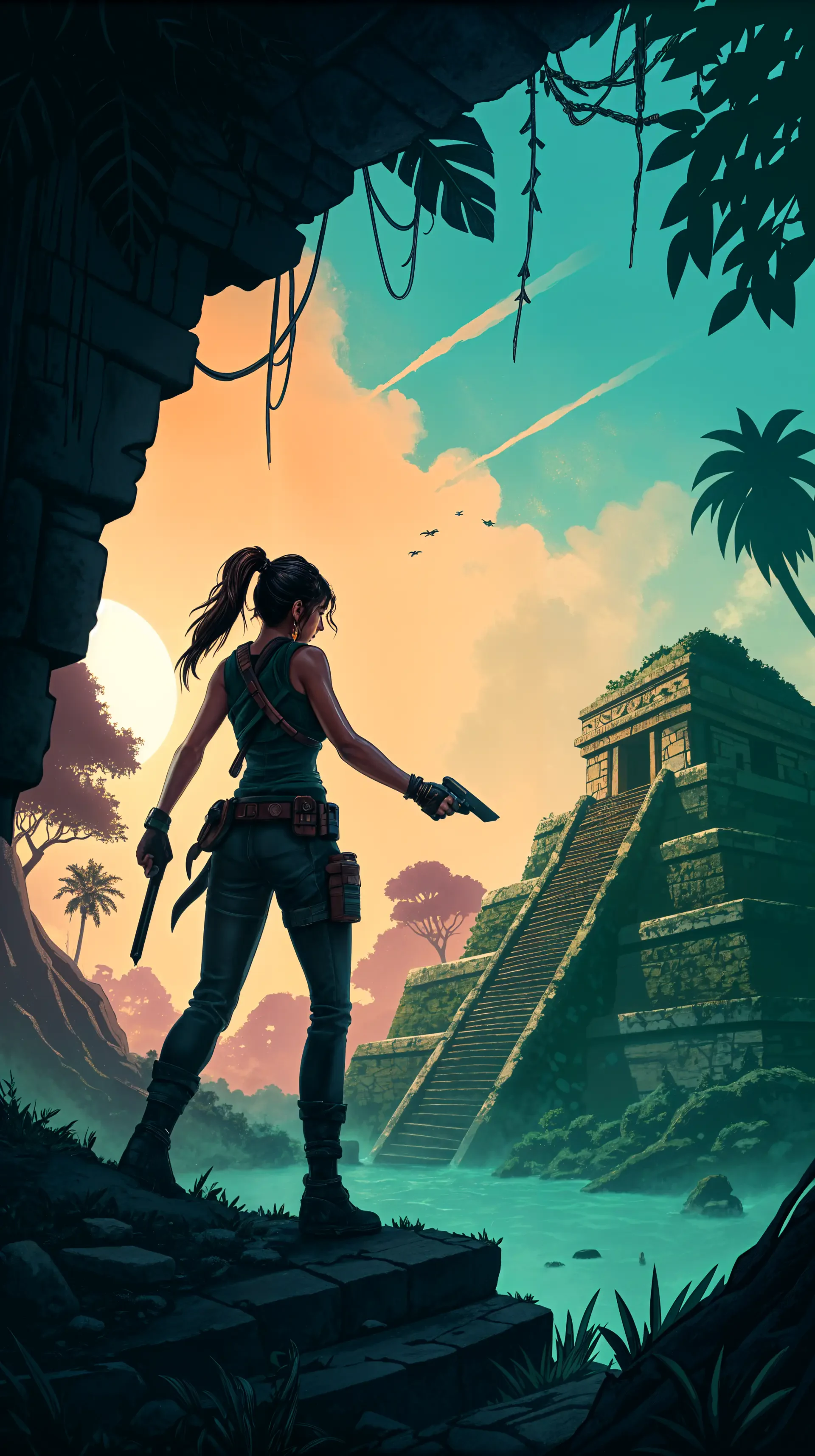 Phone wallpaper featuring a Tomb Raider-style explorer with weapons in a jungle, standing before an ancient pyramid, capturing adventure and discovery vibes for iPhone and Android.