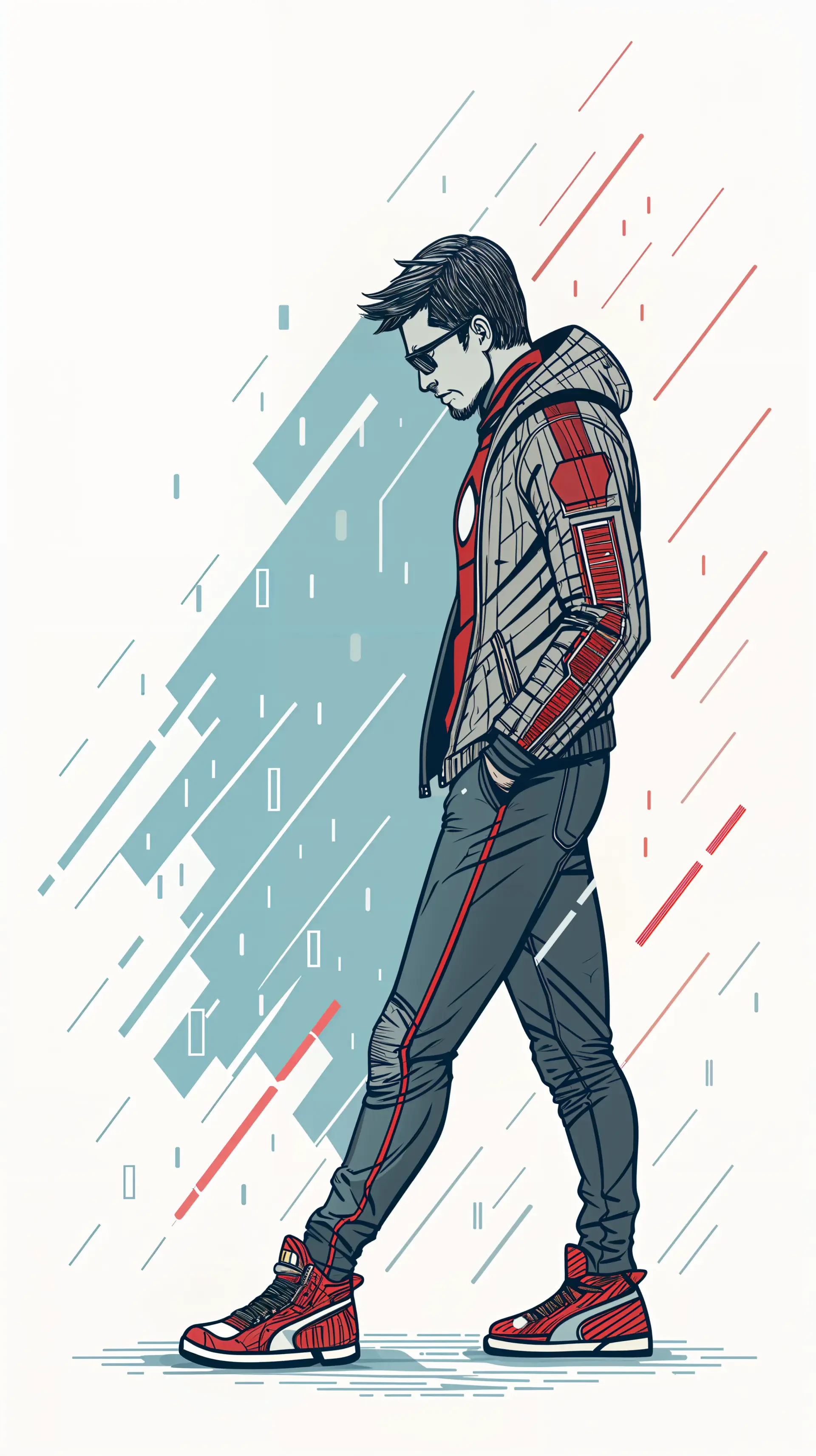 A minimalist comic-style illustration of a young man in a stylish hoodie and sneakers, set against a dynamic background, designed for phone wallpaper on iPhones and Android devices.