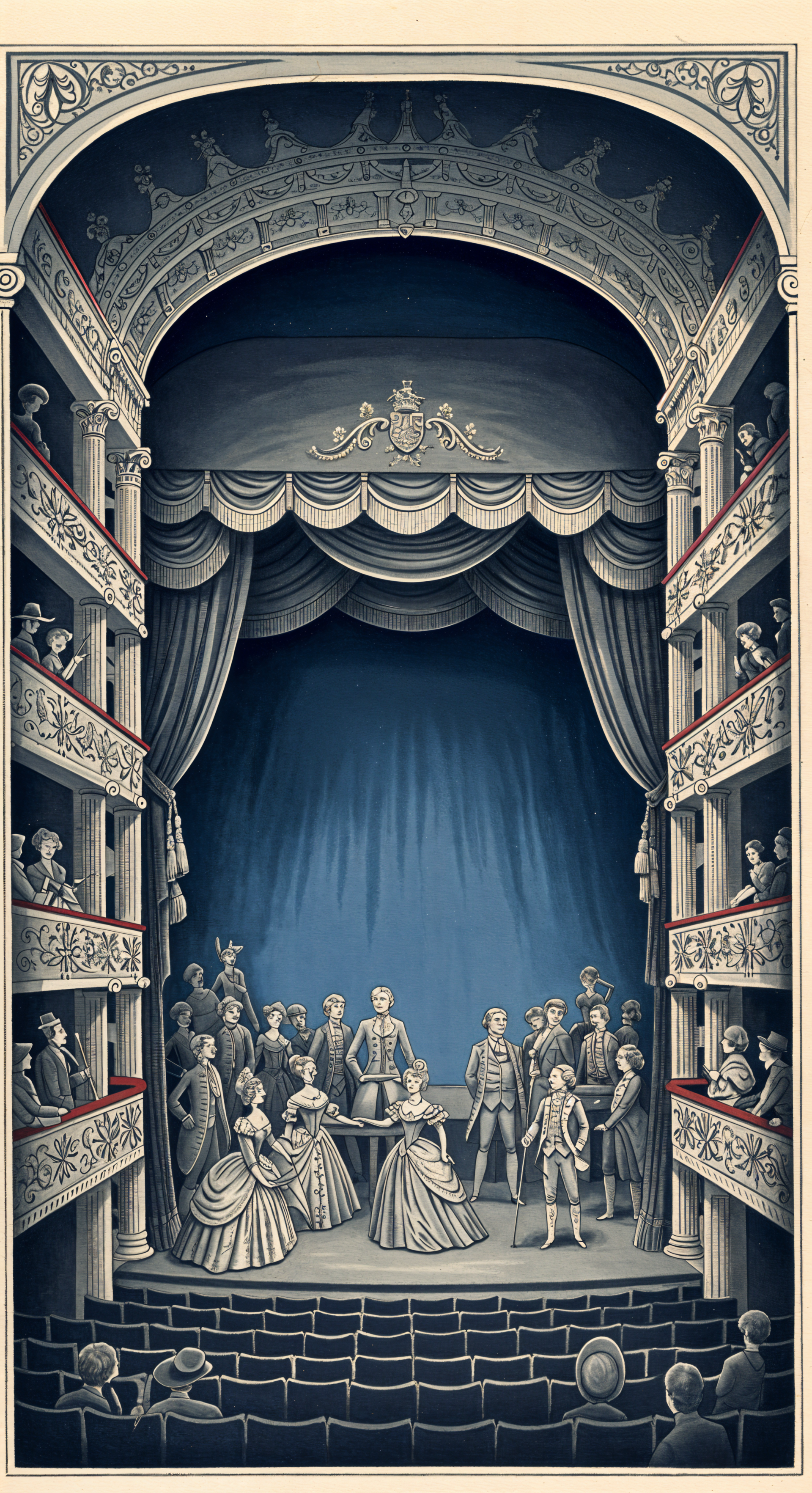 A vintage theater scene featuring performers on stage surrounded by an elegant audience, designed as a phone wallpaper for iPhones and Android devices.