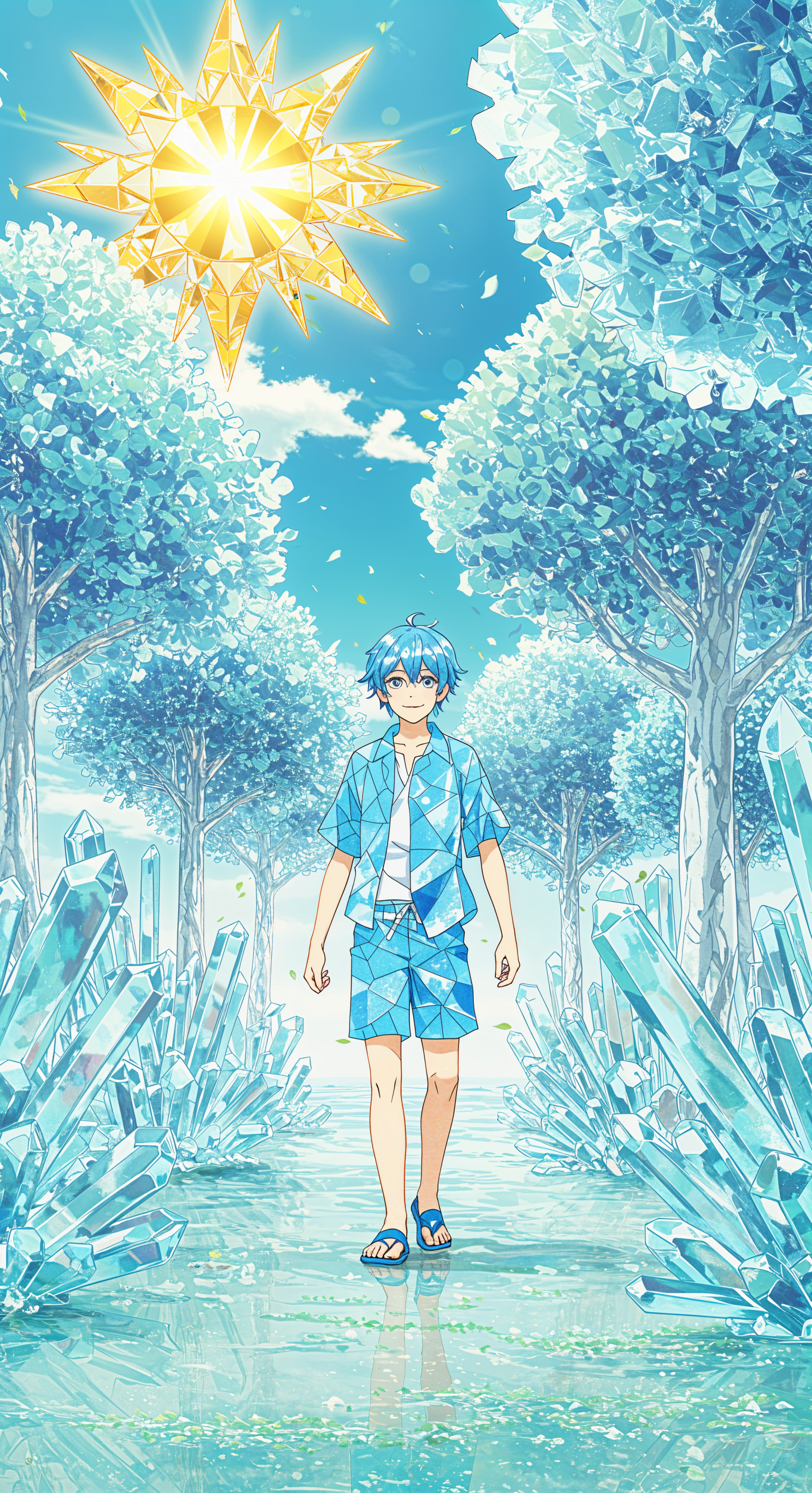 Anime summer landscape phone wallpaper featuring a blue-haired character walking through a sparkling crystal forest under a radiant geometric sun, blending vibrant colors and detailed art.
