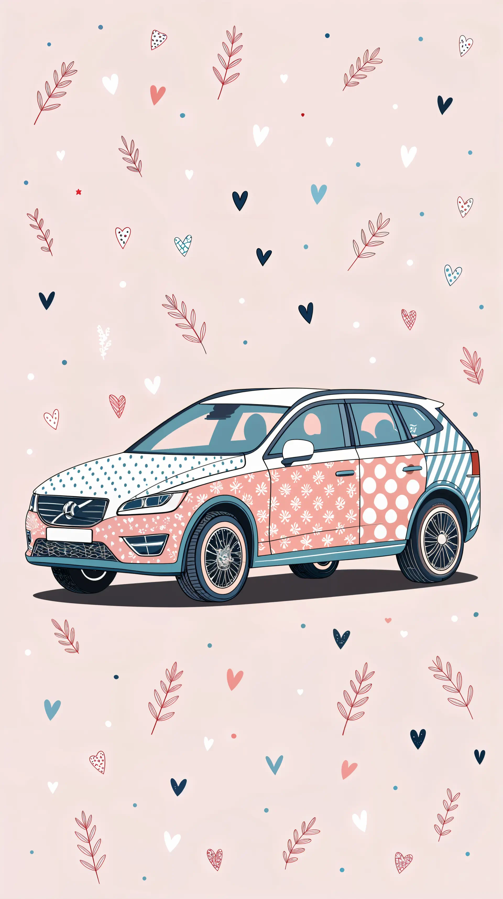 Illustration of a pastel-patterned Volvo SUV surrounded by small hearts and leaves, designed as a phone wallpaper compatible with iPhones and Android devices.
