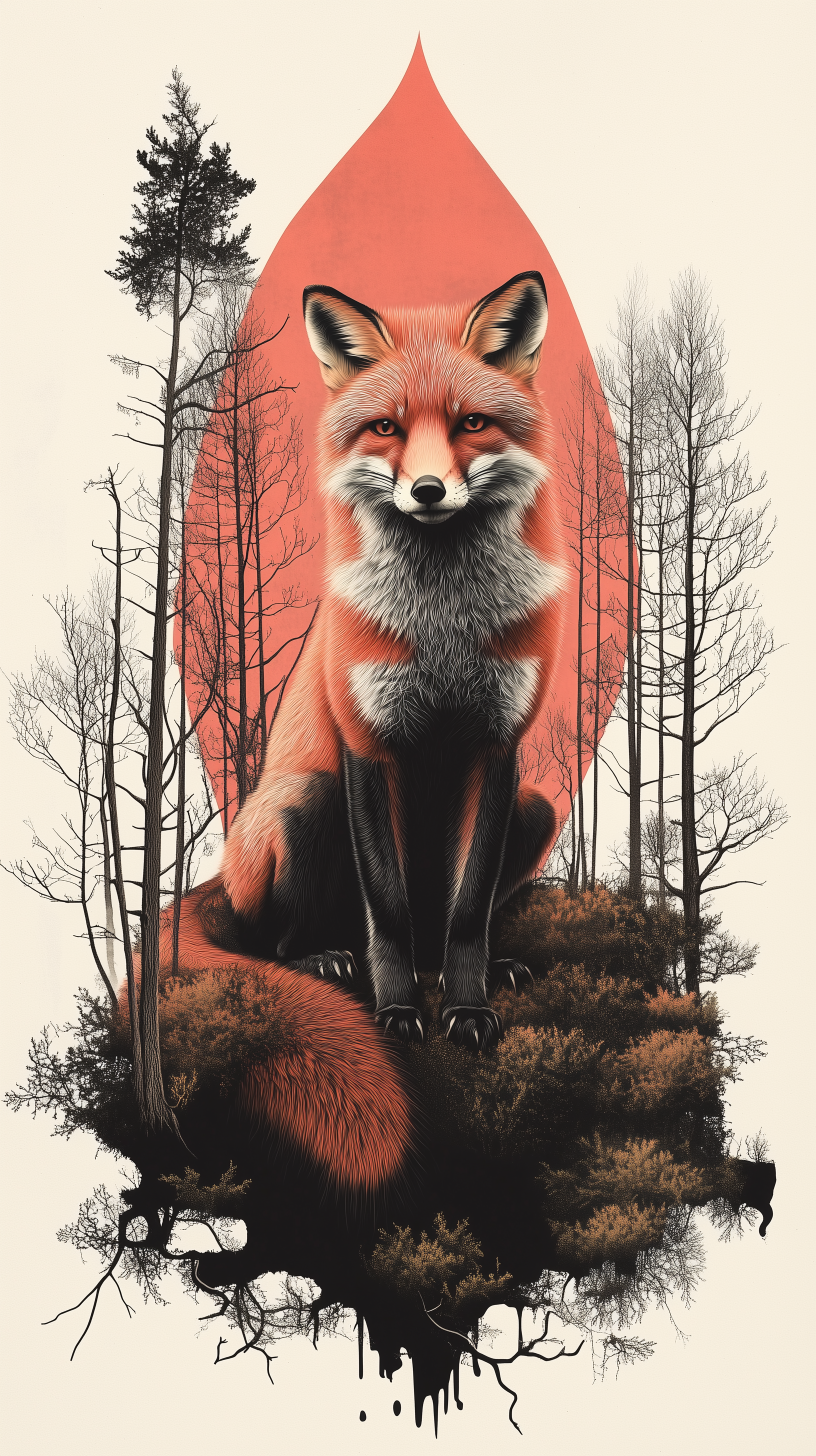 Artistic fantasy fox in vibrant orange, surrounded by bare trees and abstract nature elements, designed as a striking phone wallpaper for iPhones and Android devices.