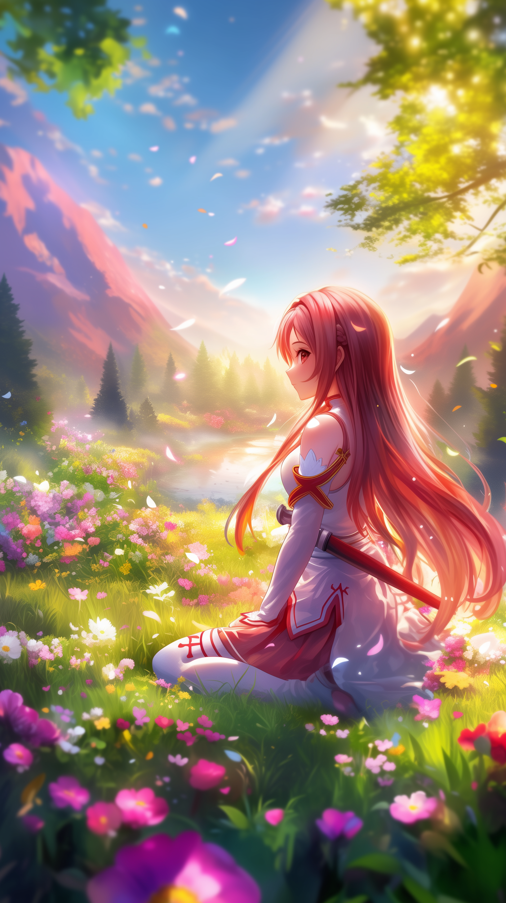 Anime phone wallpaper featuring Asuna Yuuki from Sword Art Online sitting in a vibrant, sunlit meadow filled with colorful flowers, against a serene mountain and sky backdrop.