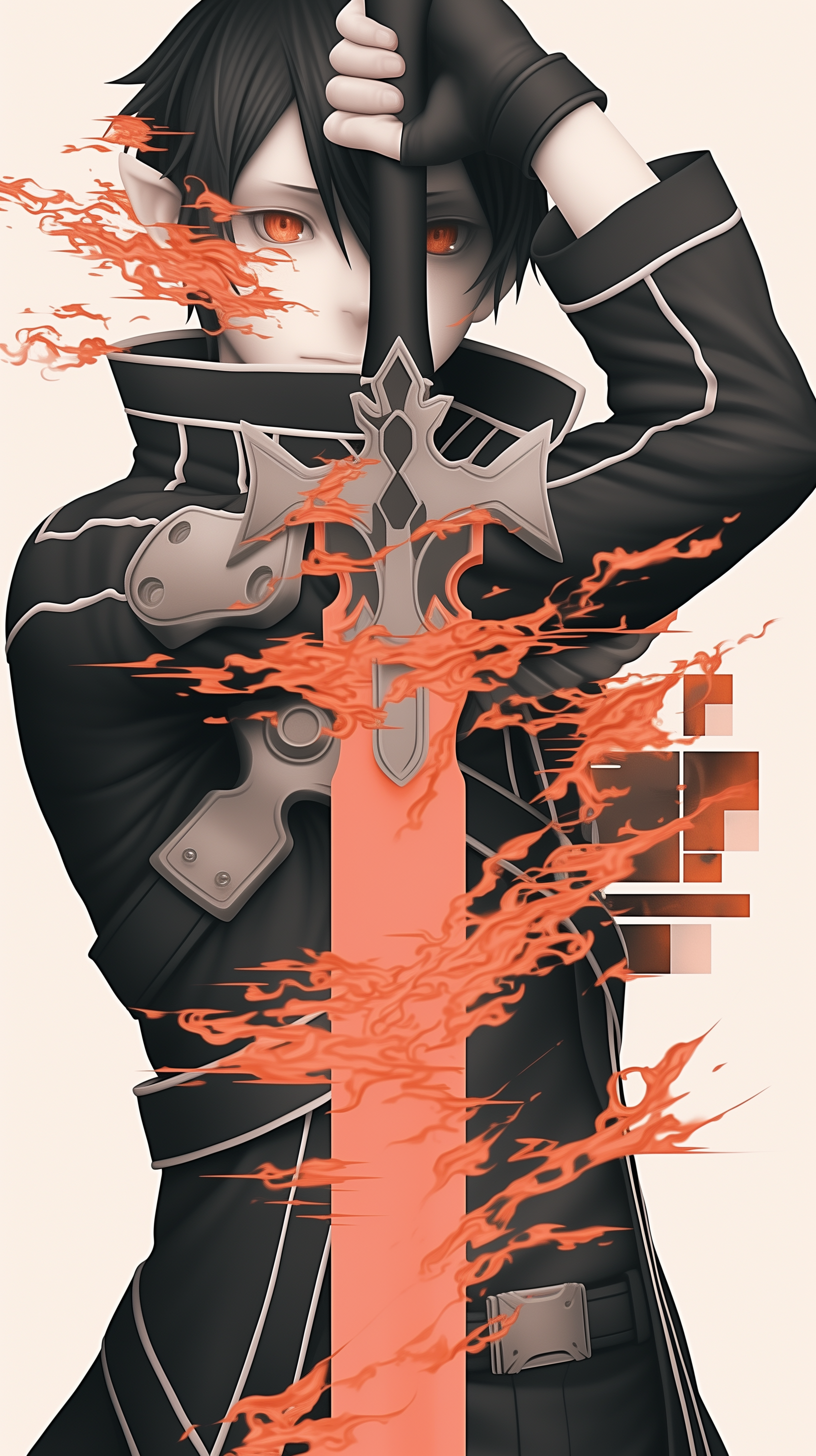 3D character Kirito from Sword Art Online with a glowing sword surrounded by fiery effects, designed as a dynamic phone wallpaper for iPhone and Android devices.