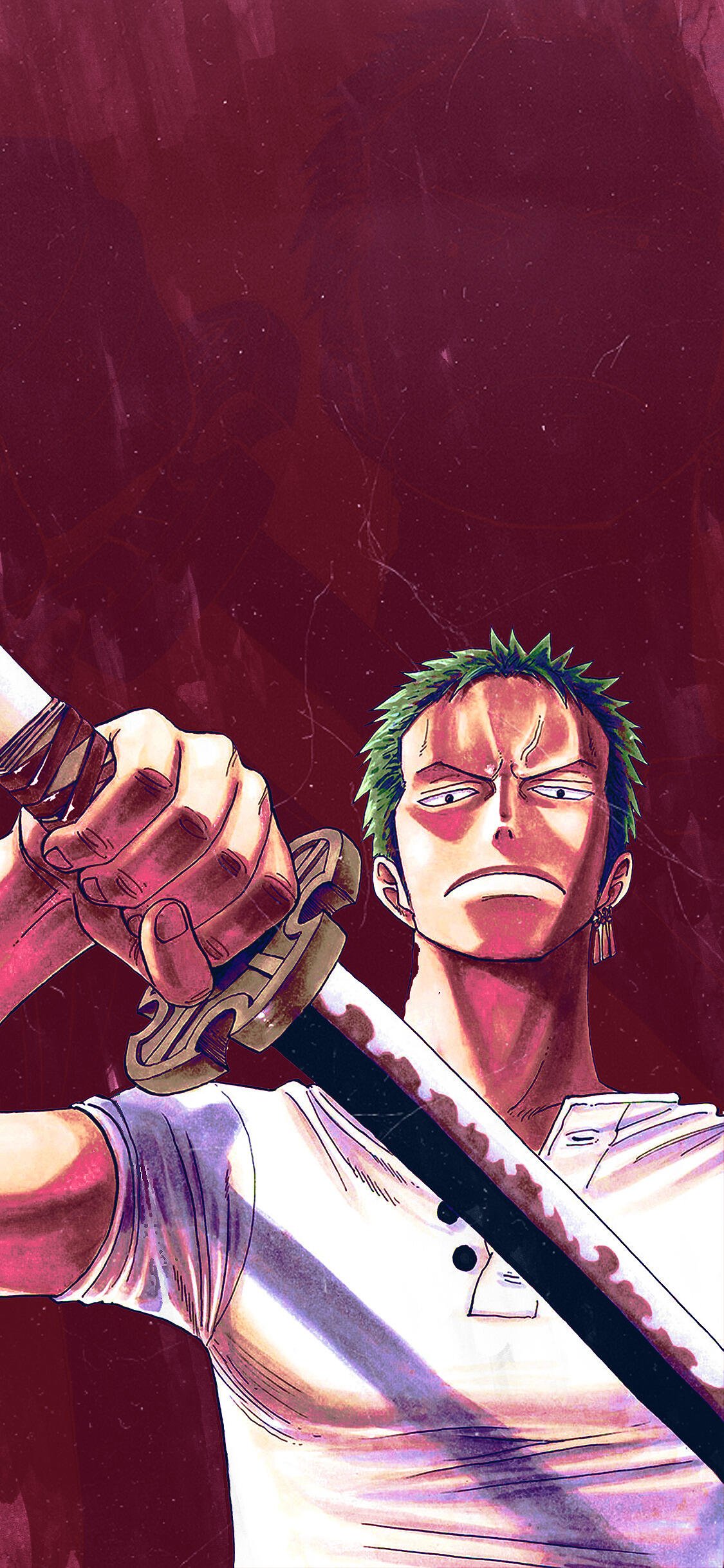Phone wallpaper featuring Roronoa Zoro from the anime One Piece, holding his sword with a determined expression against a deep red background, designed for iPhone and Android.
