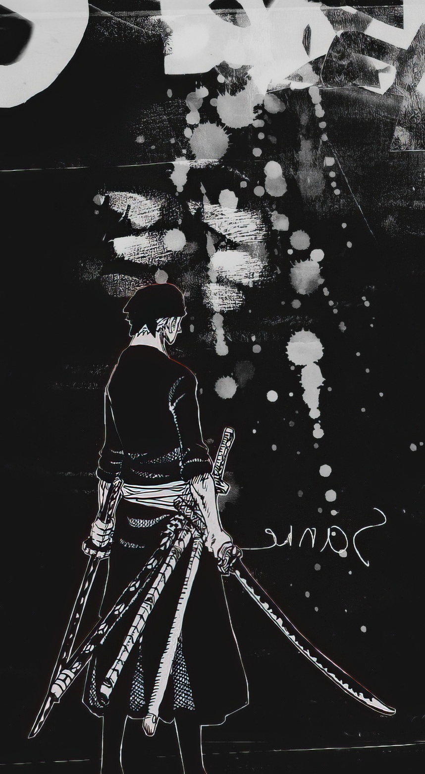 Dark manga-style wallpaper featuring Roronoa Zoro from One Piece, showcasing him with three swords against a black and white abstract background, designed for iPhone and Android screens.