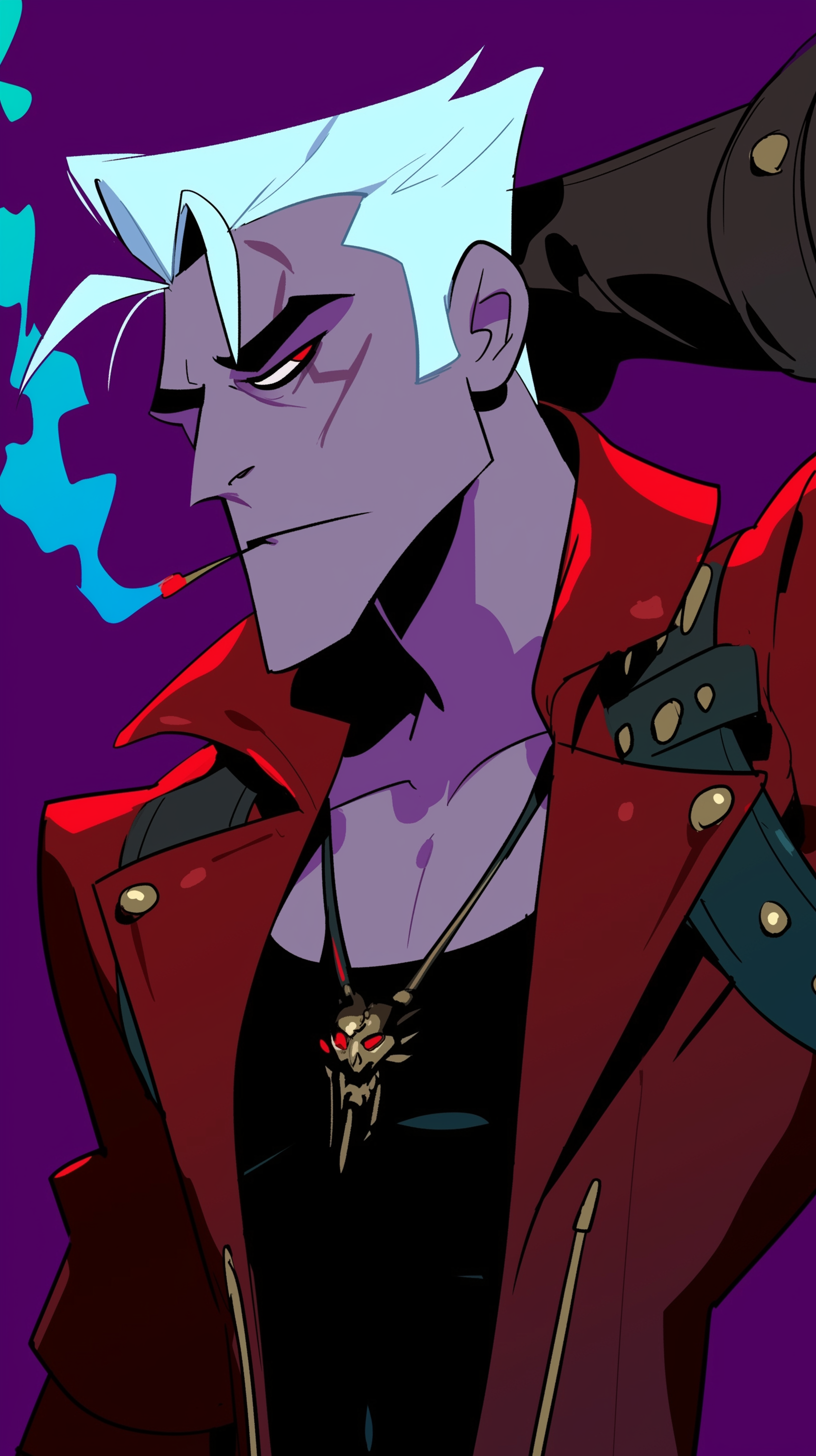 Cartoon-style phone wallpaper featuring Dante from Devil May Cry with white hair, red jacket, and a pendant, designed for iPhones and Android devices.