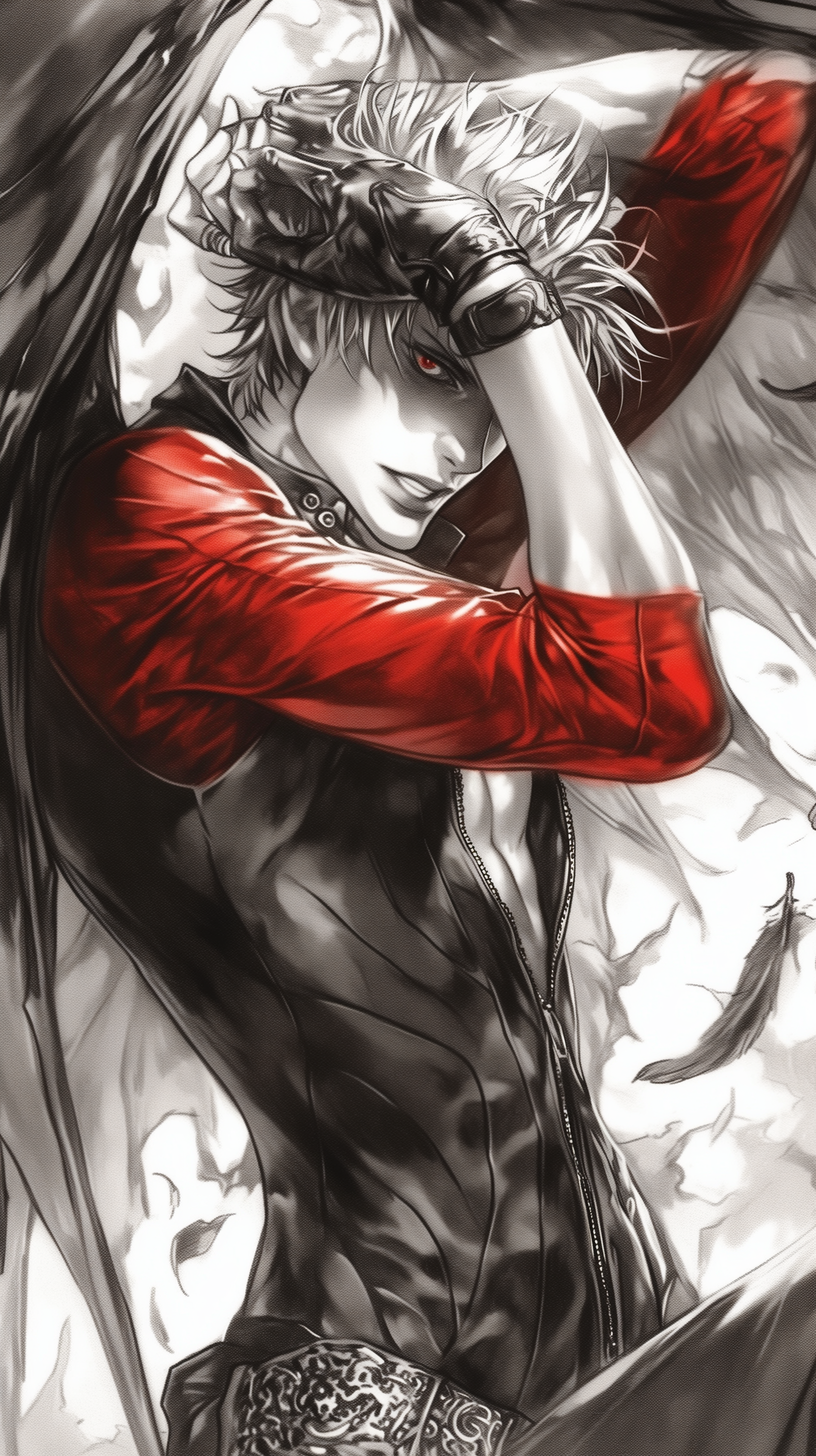 Cartoon-style Devil May Cry phone wallpaper featuring Dante in a dynamic pose with red and black tones, designed for iPhone and Android displays.